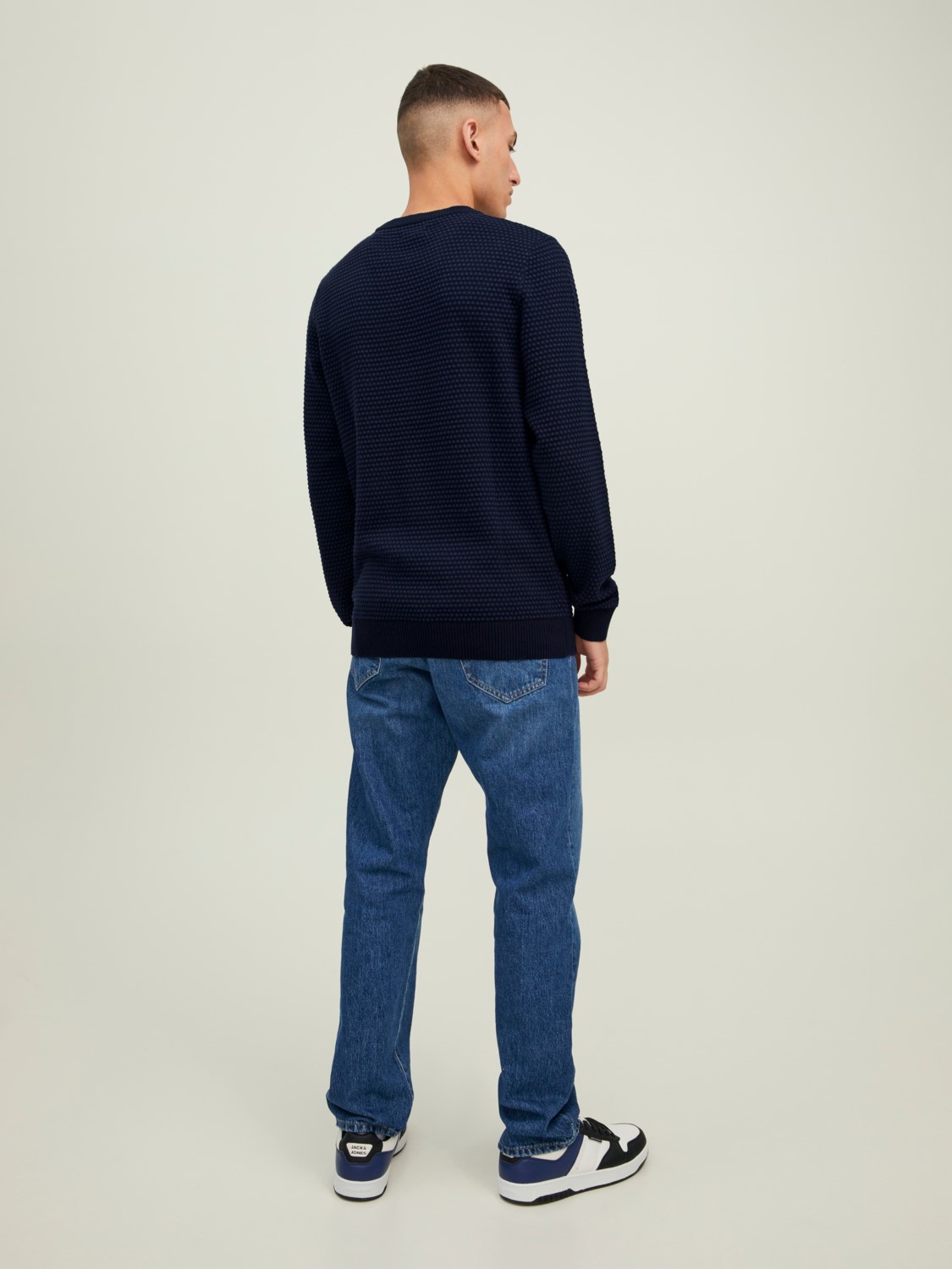 JACK & JONES Atlas knit crew neck slim fit, heren pullover katoen met O-hals, jeansblauw