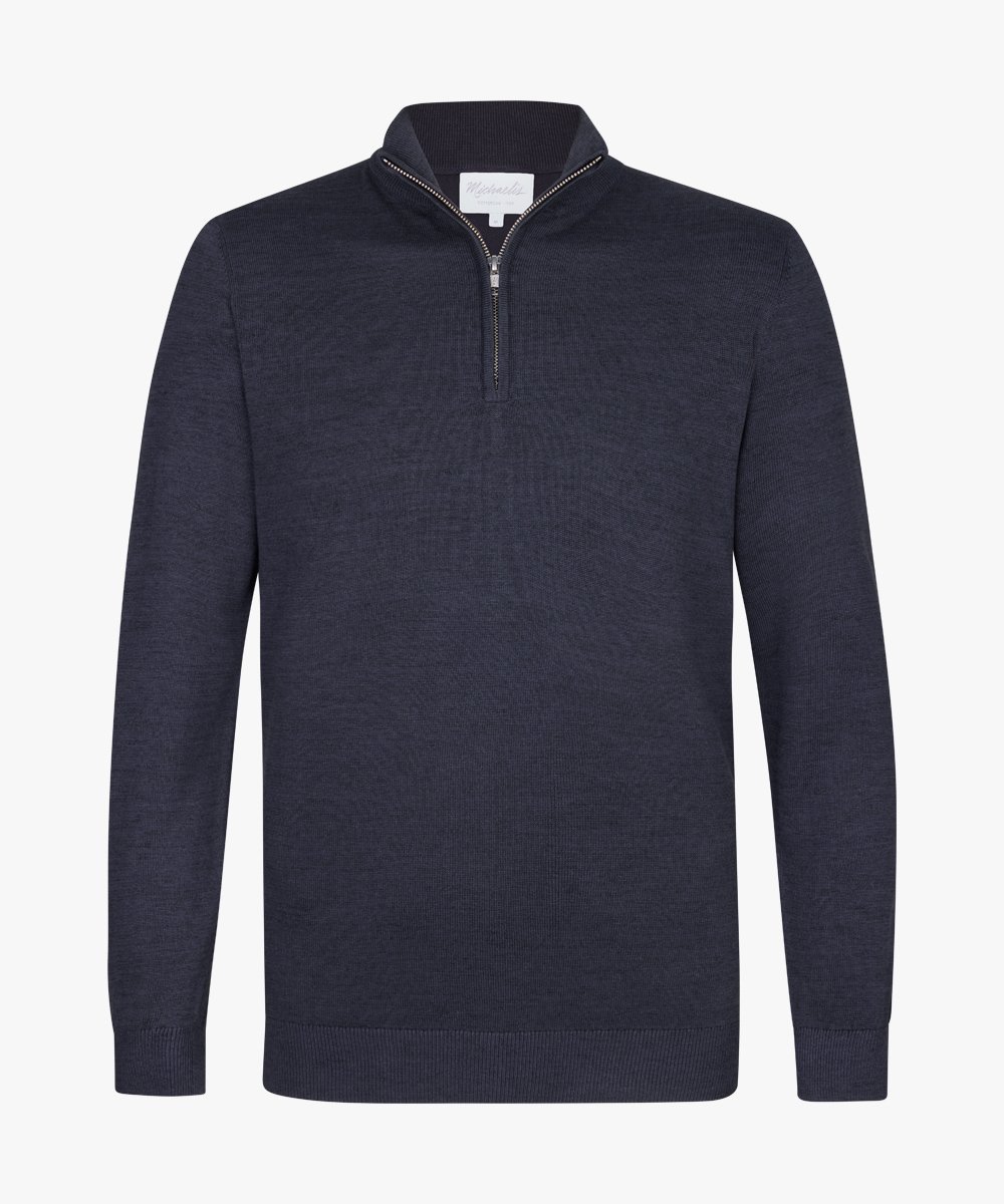 Michaelis heren trui katoenmengsel, slim fit trui met korte rits, navy blauw