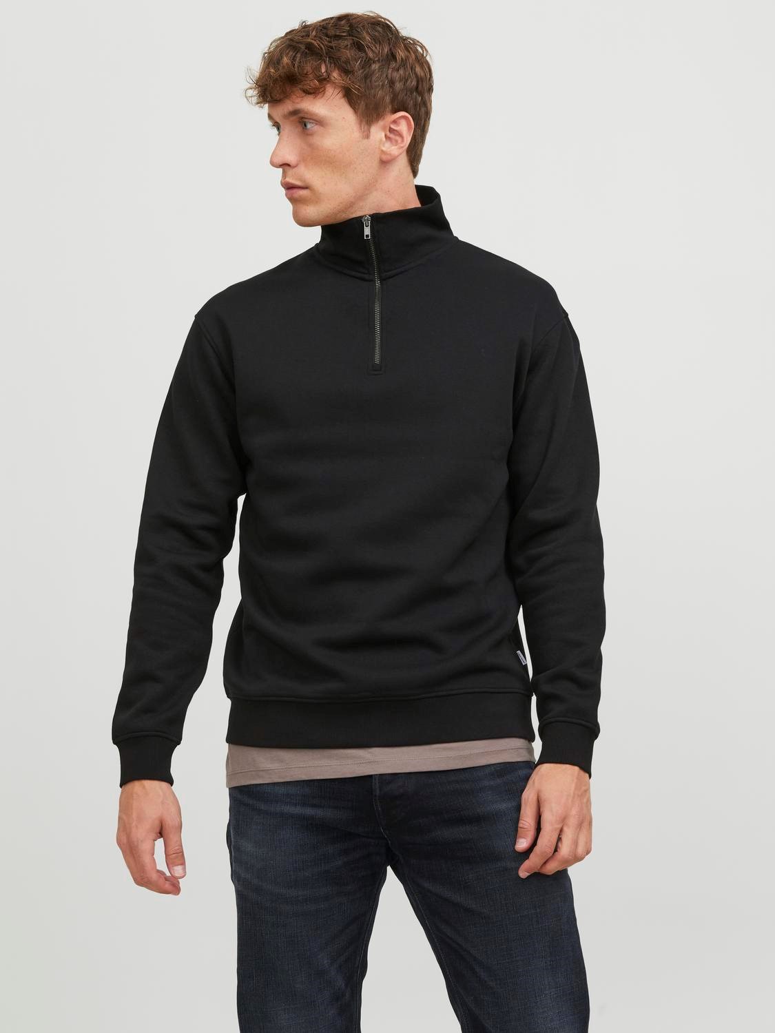 JACK & JONES Bradley sweat half zip regular fit, heren schipperstrui katoenmengsel met opstaande boord, zwart