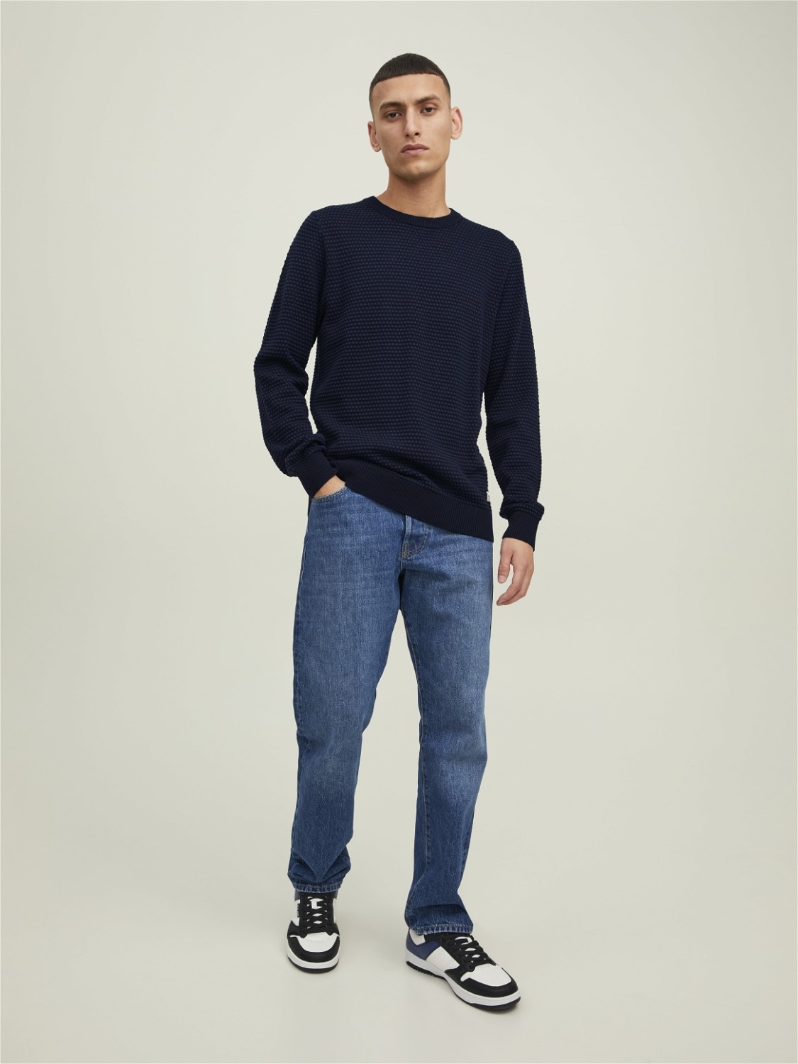 JACK & JONES Atlas knit crew neck slim fit, heren pullover katoen met O-hals, jeansblauw