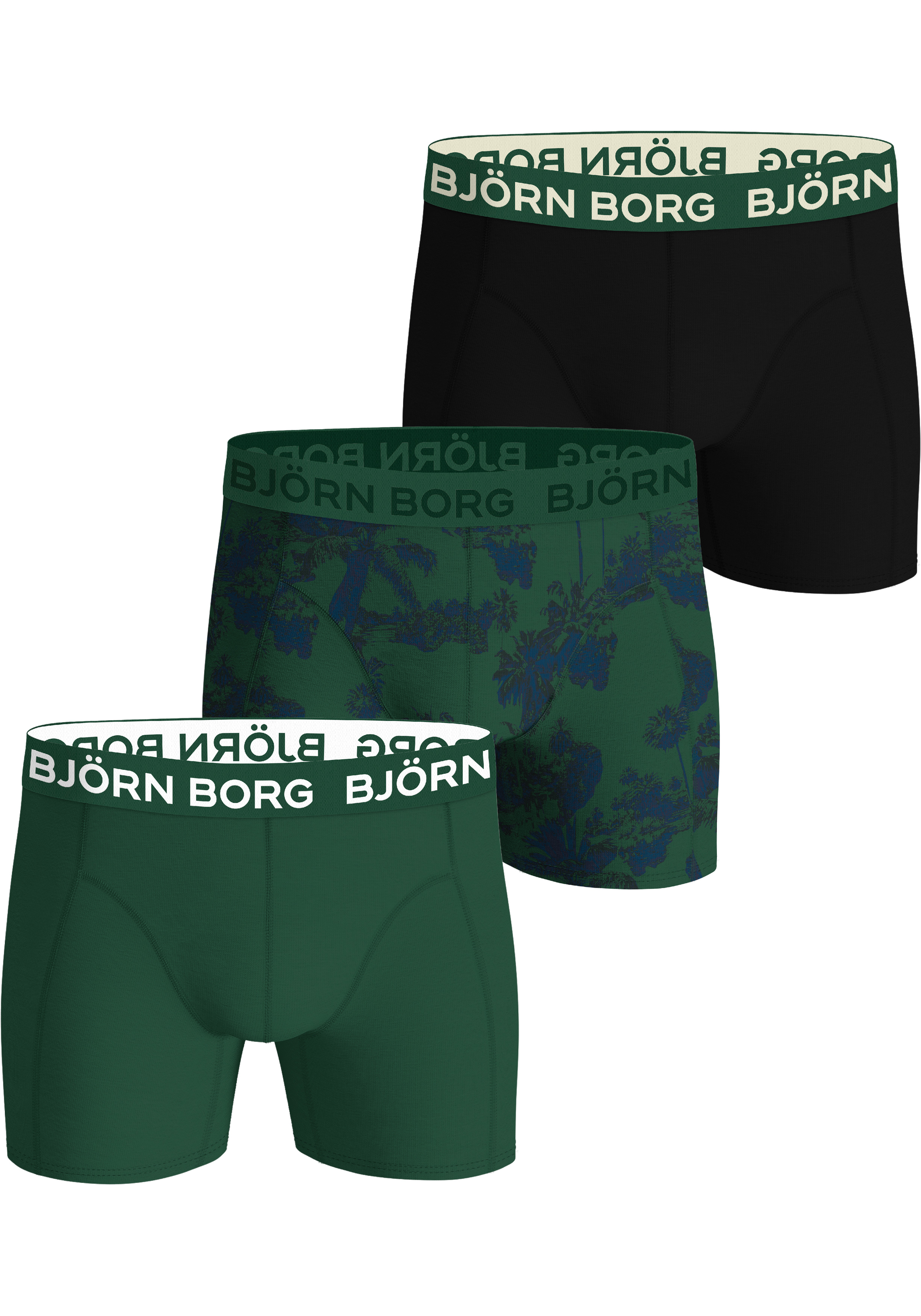 Bjorn Borg Cotton Stretch boxers, heren boxers normale lengte (3-pack), groen, zwart en groen met print