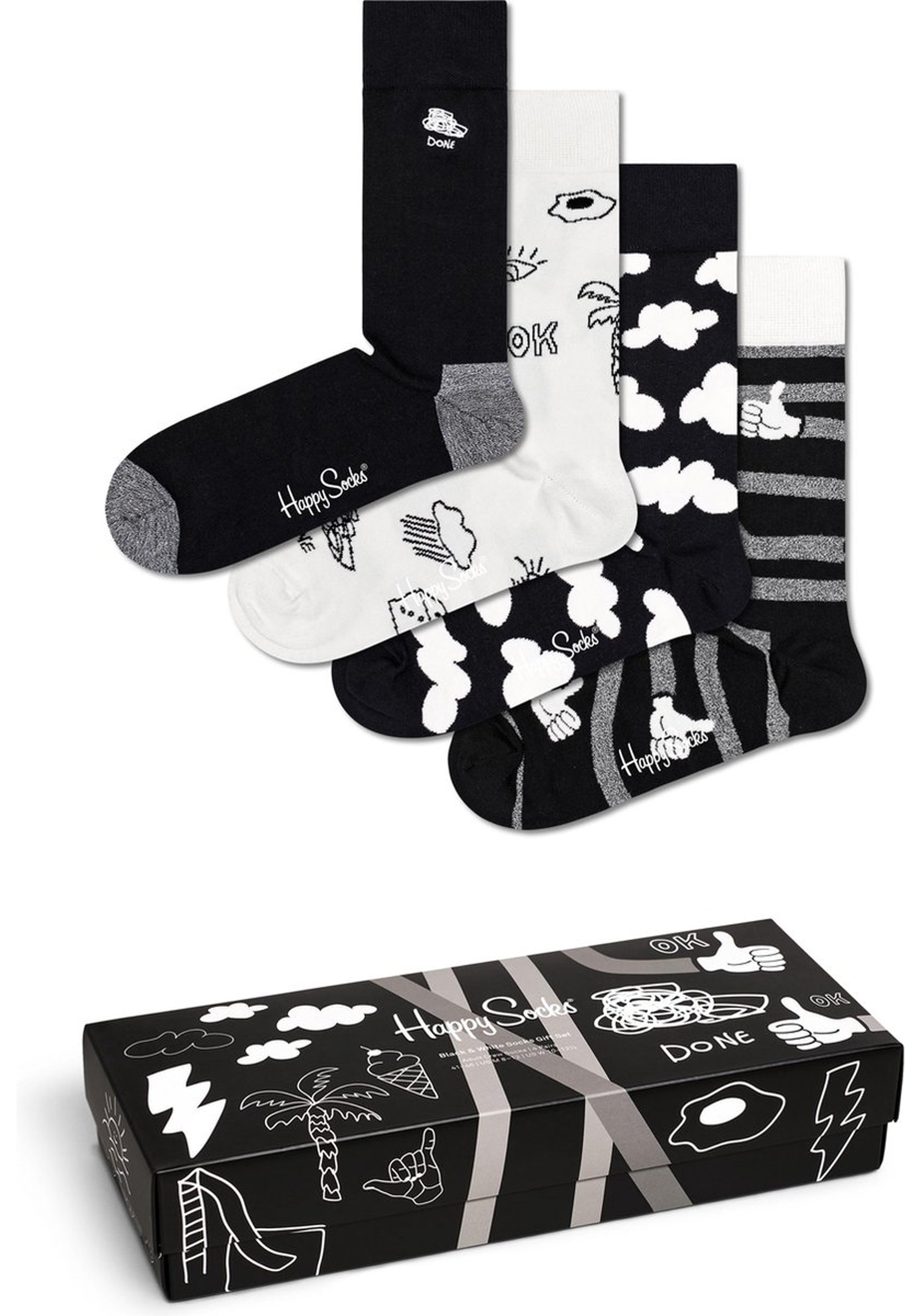 Happy Socks Black And White Socks Gift Set (4-pack), unisex sokken in cadeauverpakking