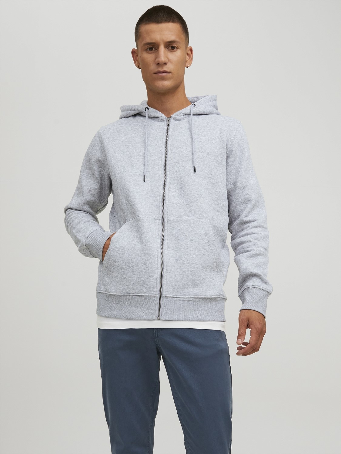 JACK & JONES Star basic sweat zip hood regular fit, heren sweatvest katoenmengsel met capuchon, lichtgrijs melange