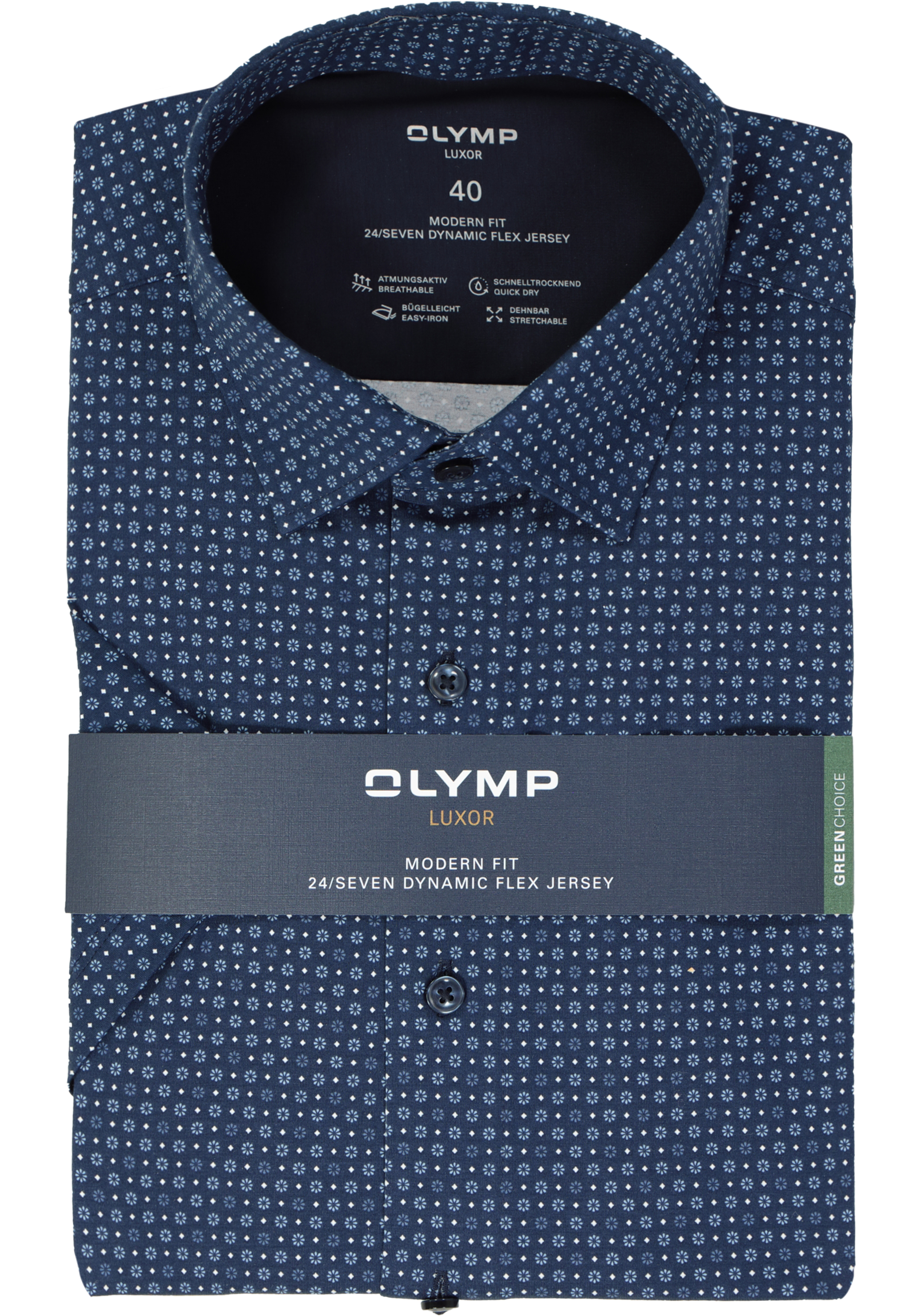 OLYMP 24/7 modern fit overhemd, korte mouw, tricot, marine blauw dessin