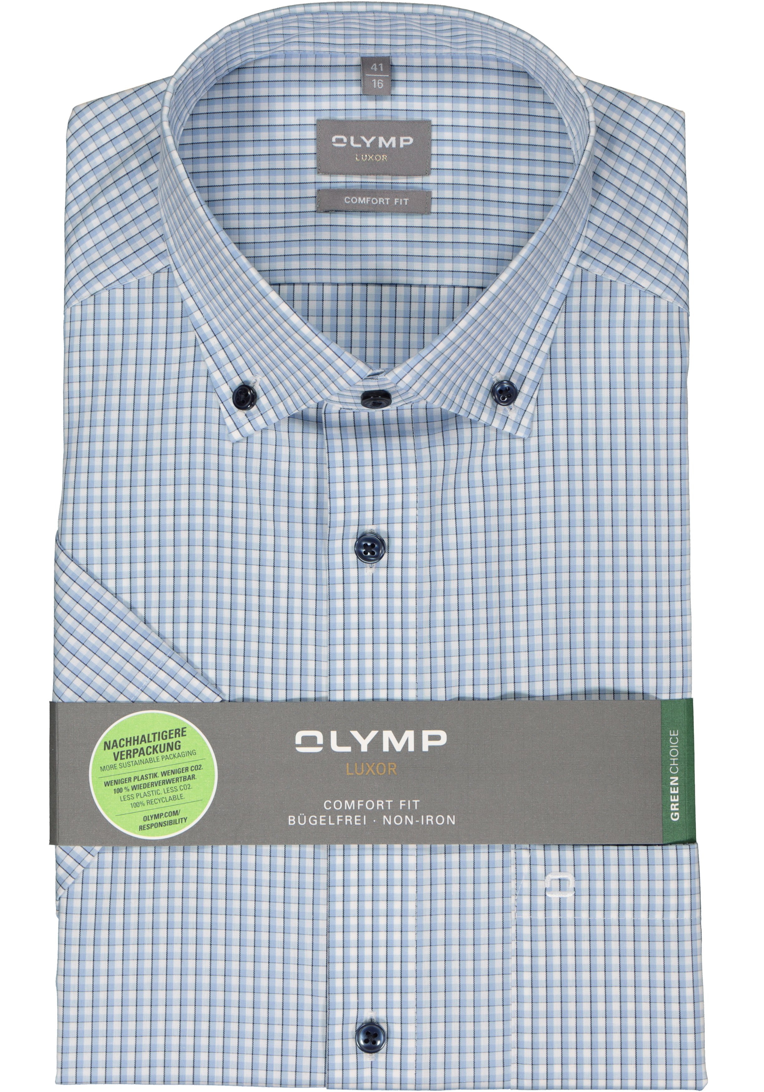 OLYMP comfort fit overhemd, korte mouw, popeline, wit met blauw geruit