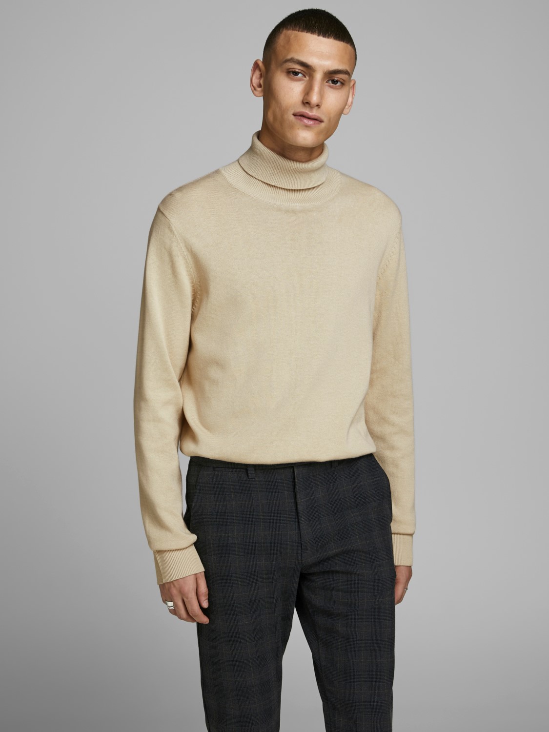 JACK & JONES Emil knit roll neck slim fit, heren pullover viscosemengsel met col, beige melange