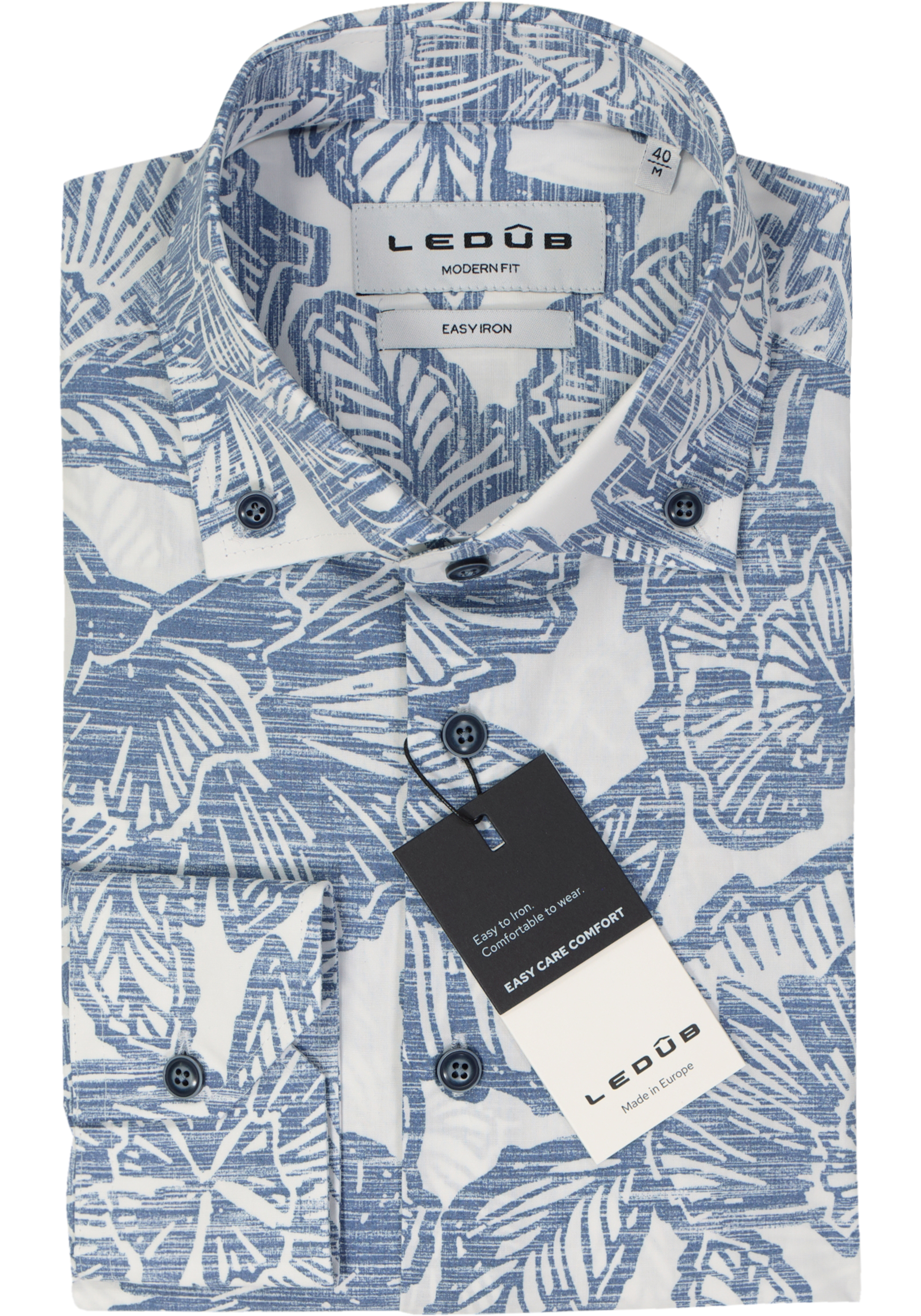 Ledub modern fit overhemd, popeline, middenblauw met wit dessin