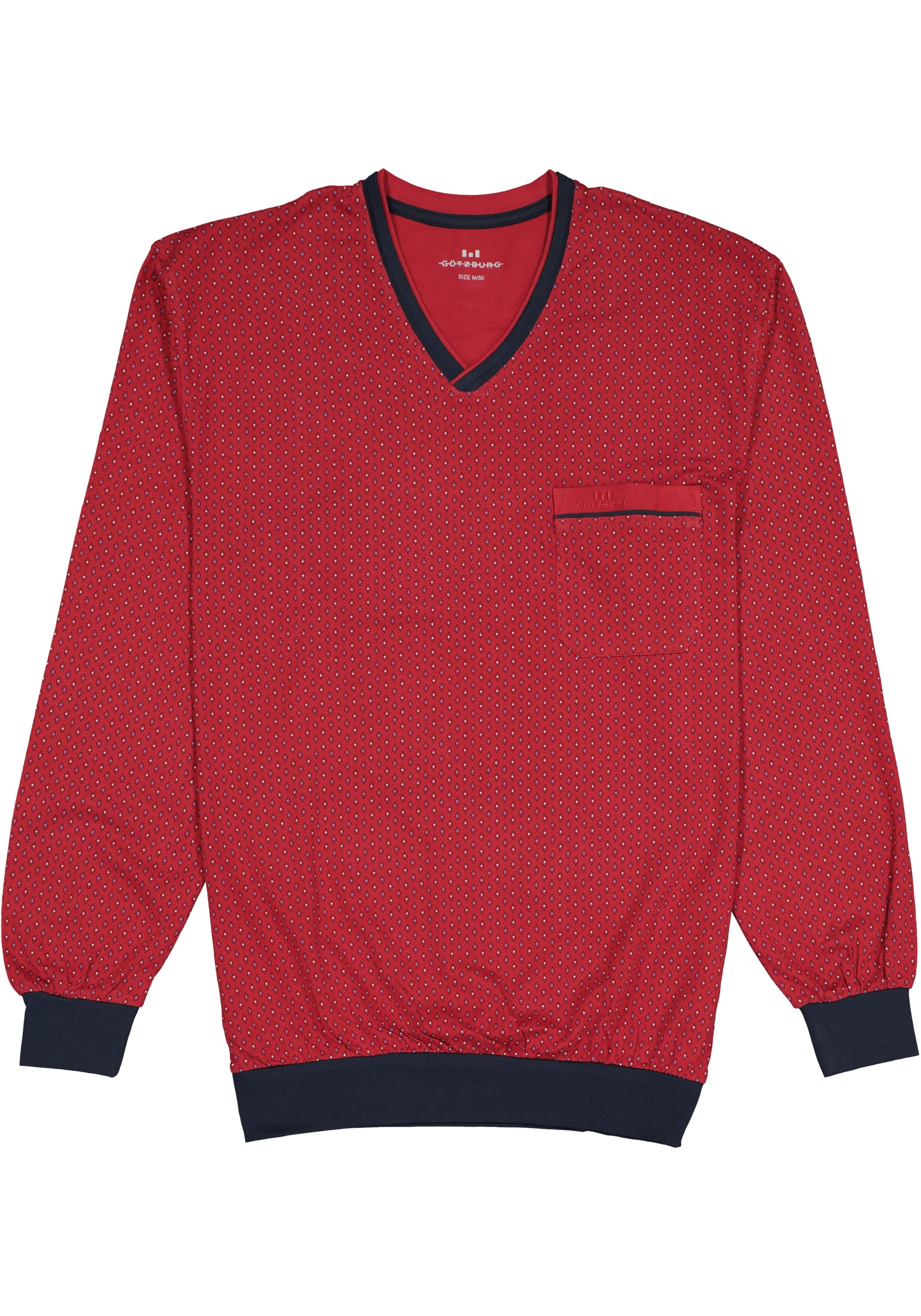 Gotzburg heren pyjama, V-hals, rood met blauw en wit dessin