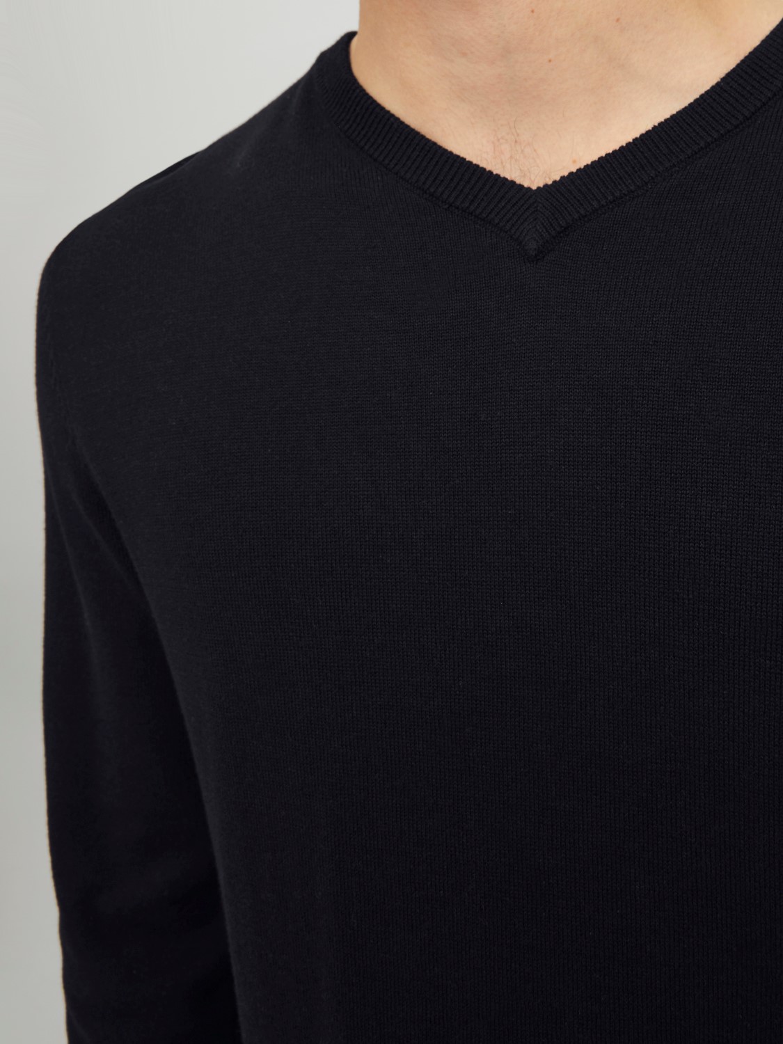 JACK & JONES Basic knit v-neck slim fit, heren pullover katoen met V-hals, zwart