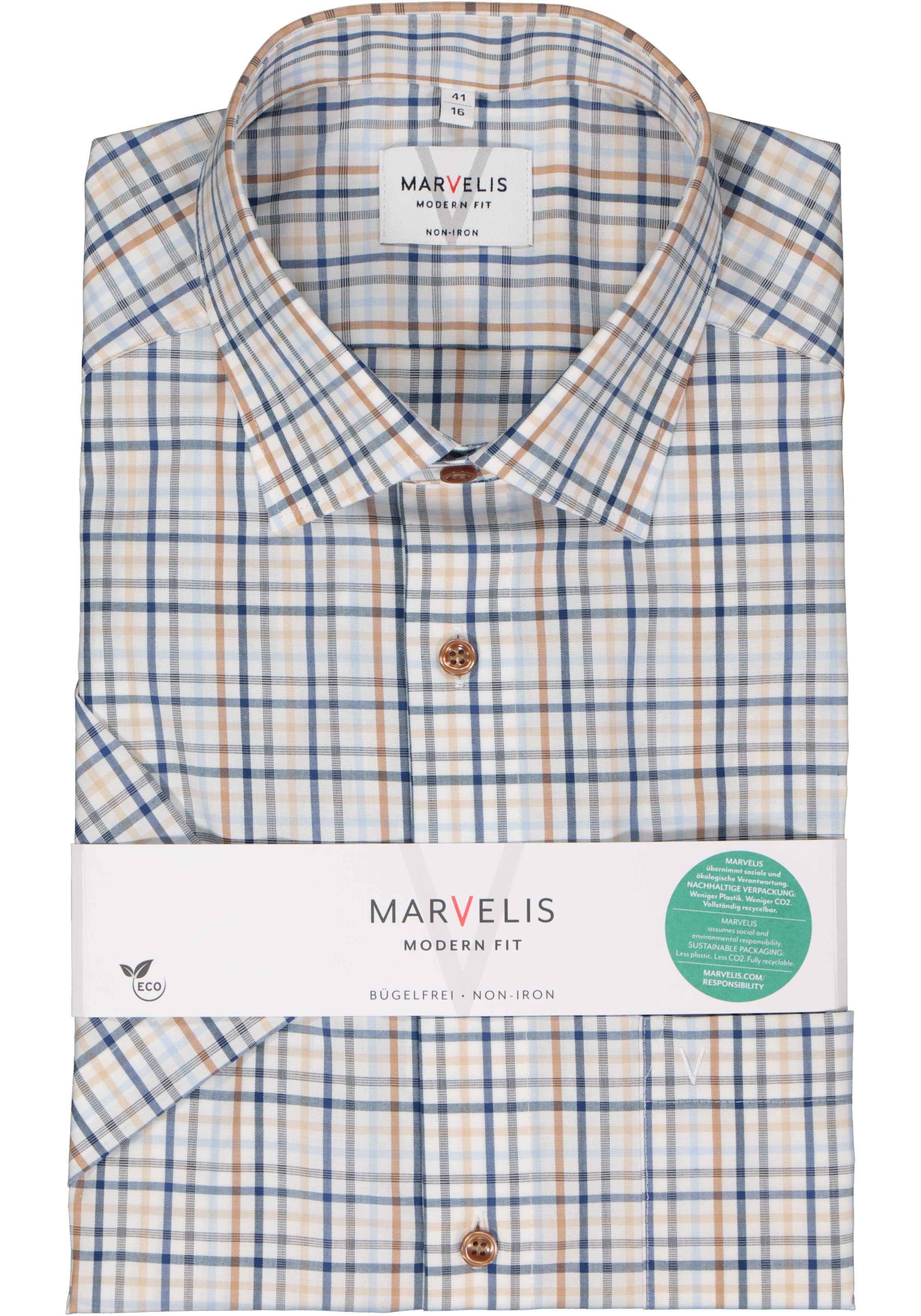 MARVELIS modern fit overhemd, korte mouw, popeline, wit met blauw en beige geruit