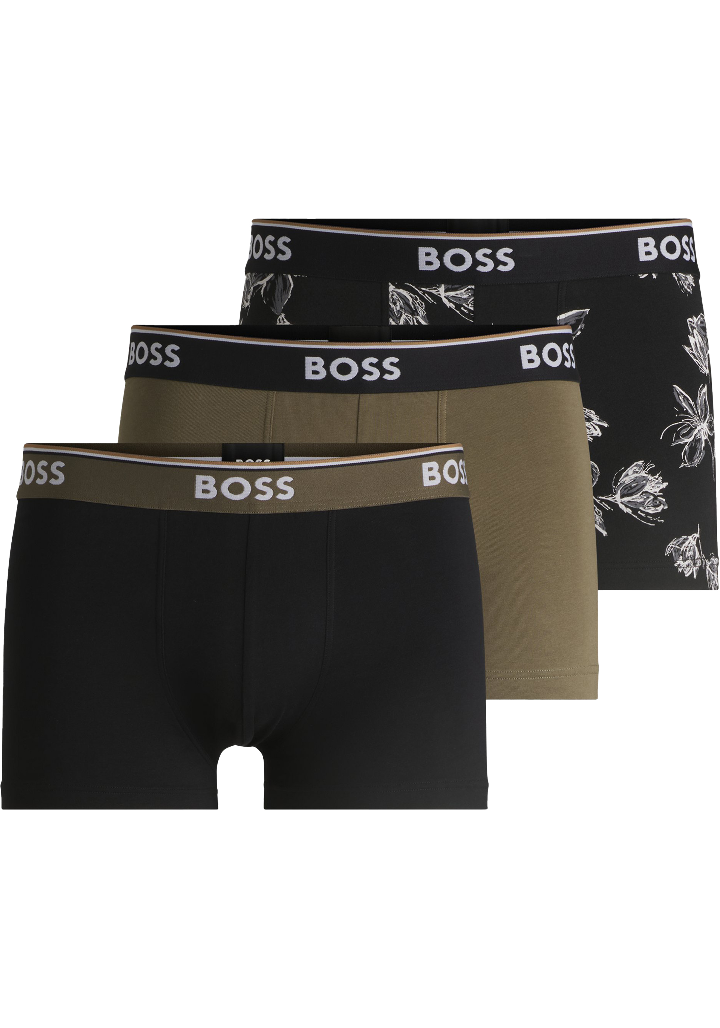 HUGO BOSS Power trunks (3-pack), heren boxers kort, zwart, olijfgroen, zwart dessin