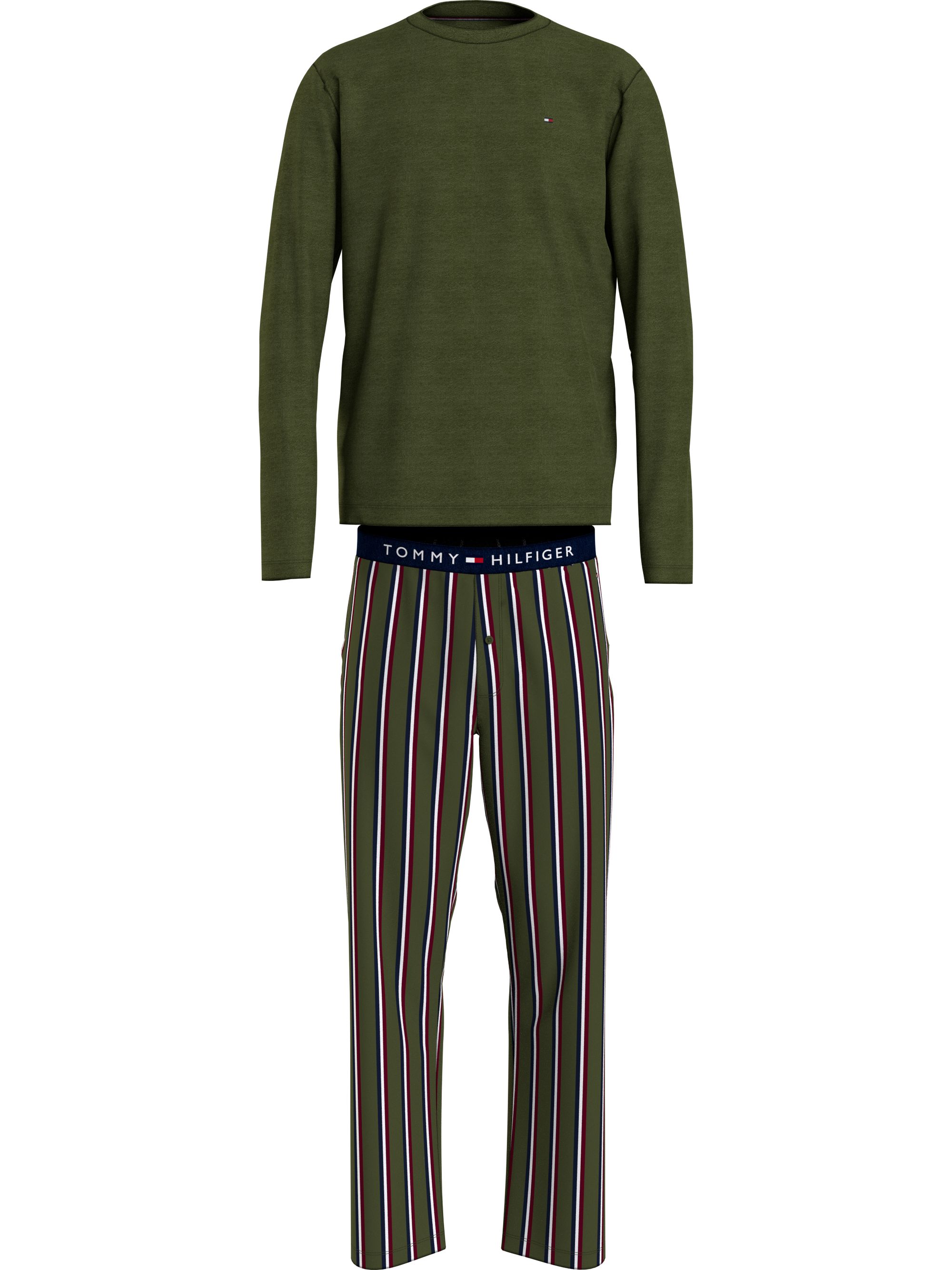 Tommy Hilfiger heren pyjama O-hals, woven set, olijfgroen met gestreepte broek