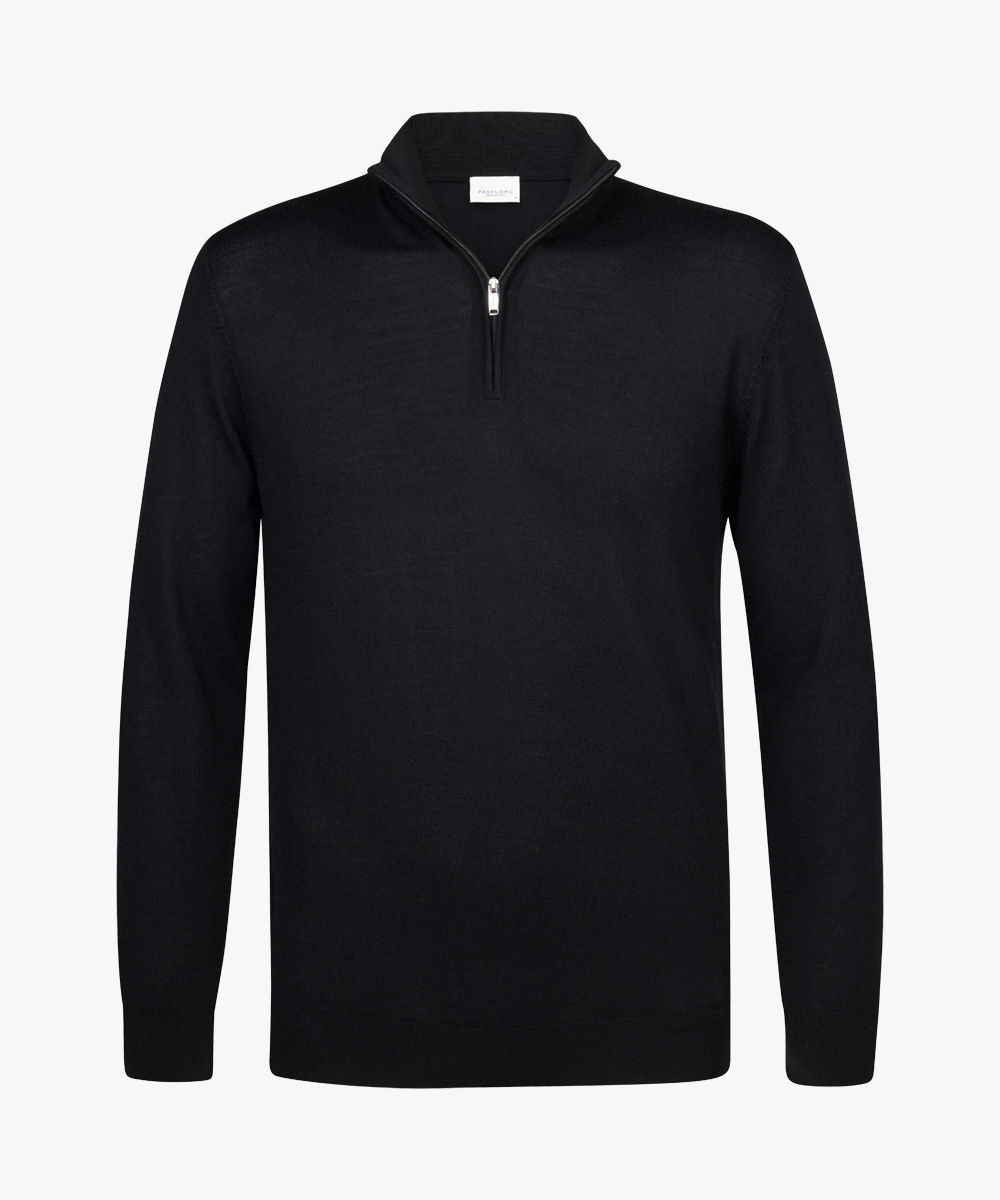 Profuomo heren trui wol, slim fit trui met korte rits, zwart