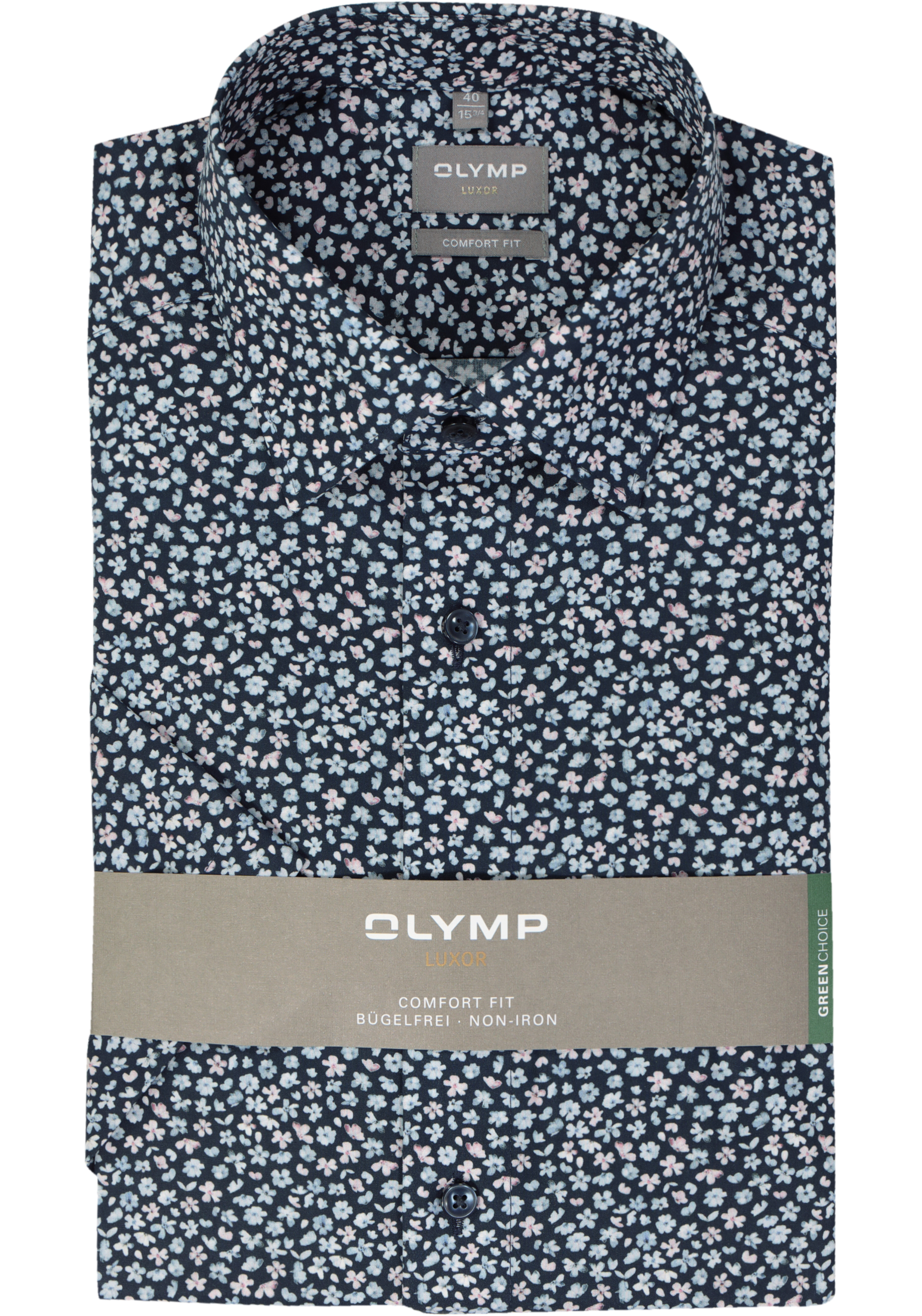 OLYMP comfort fit overhemd, korte mouw, popeline, marine blauw dessin