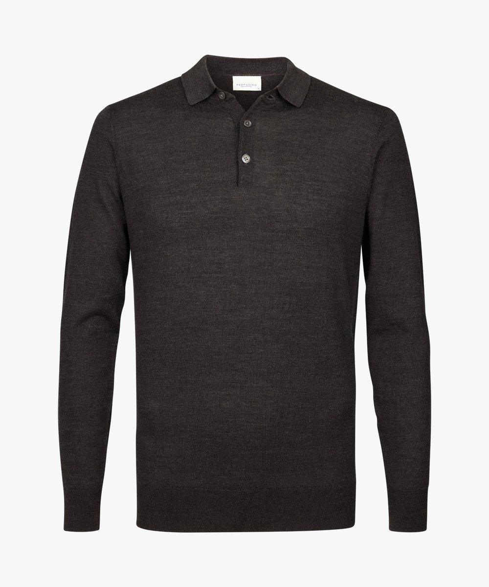 Profuomo heren trui wol, slim fit gebreide polo lange mouw, bruin