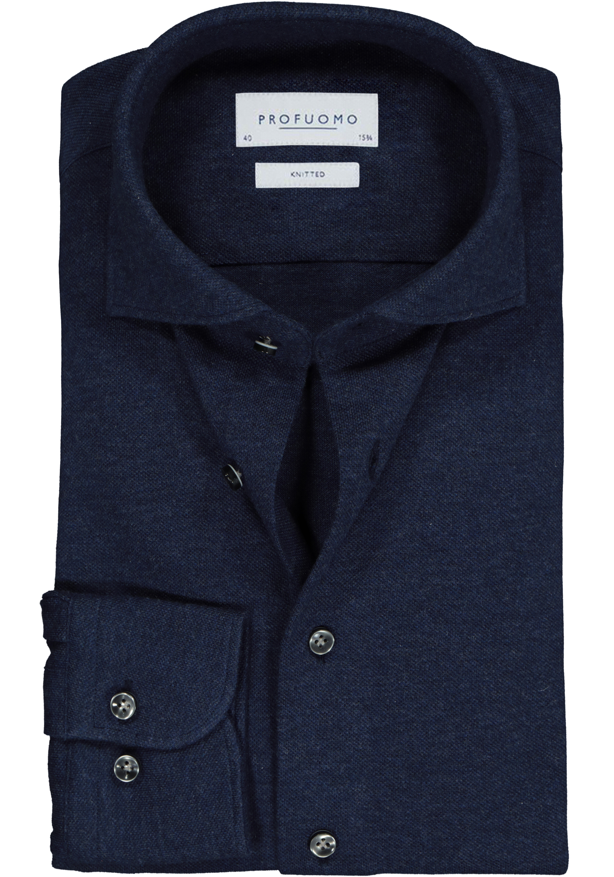 Profuomo slim fit jersey overhemd, knitted shirt pique, navy melange