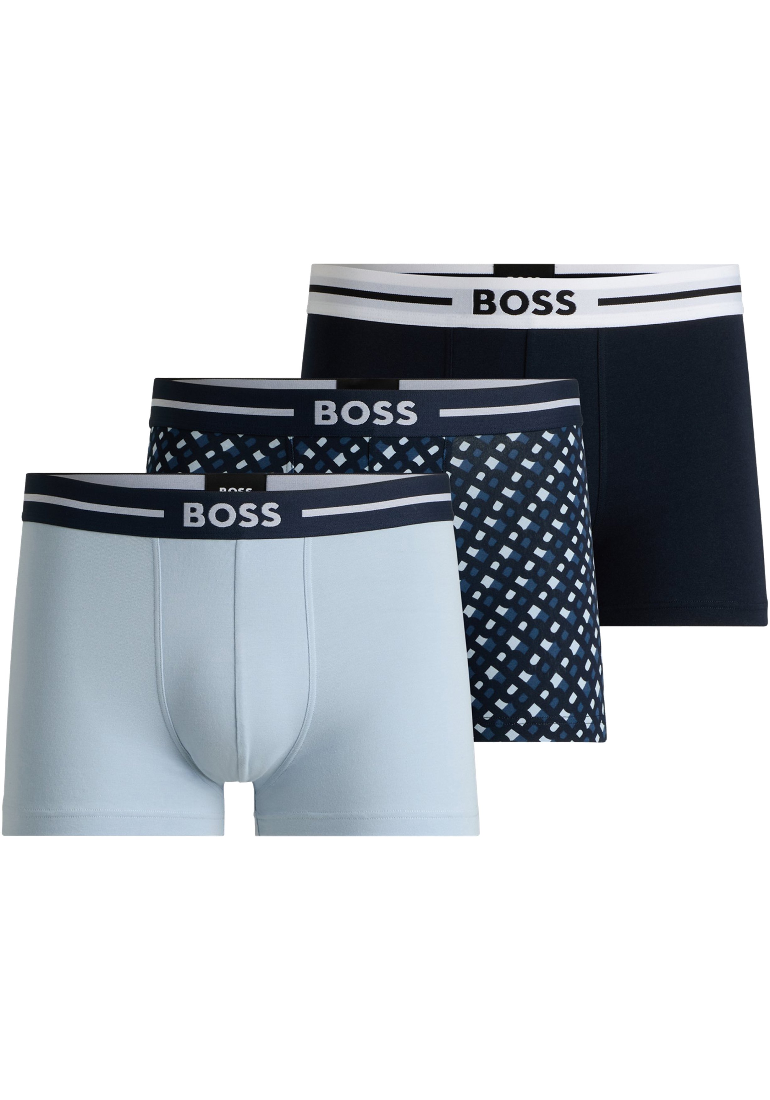 HUGO BOSS Bold trunks (3-pack), heren boxers kort, lichtblauw, donkerblauw, blauw dessin