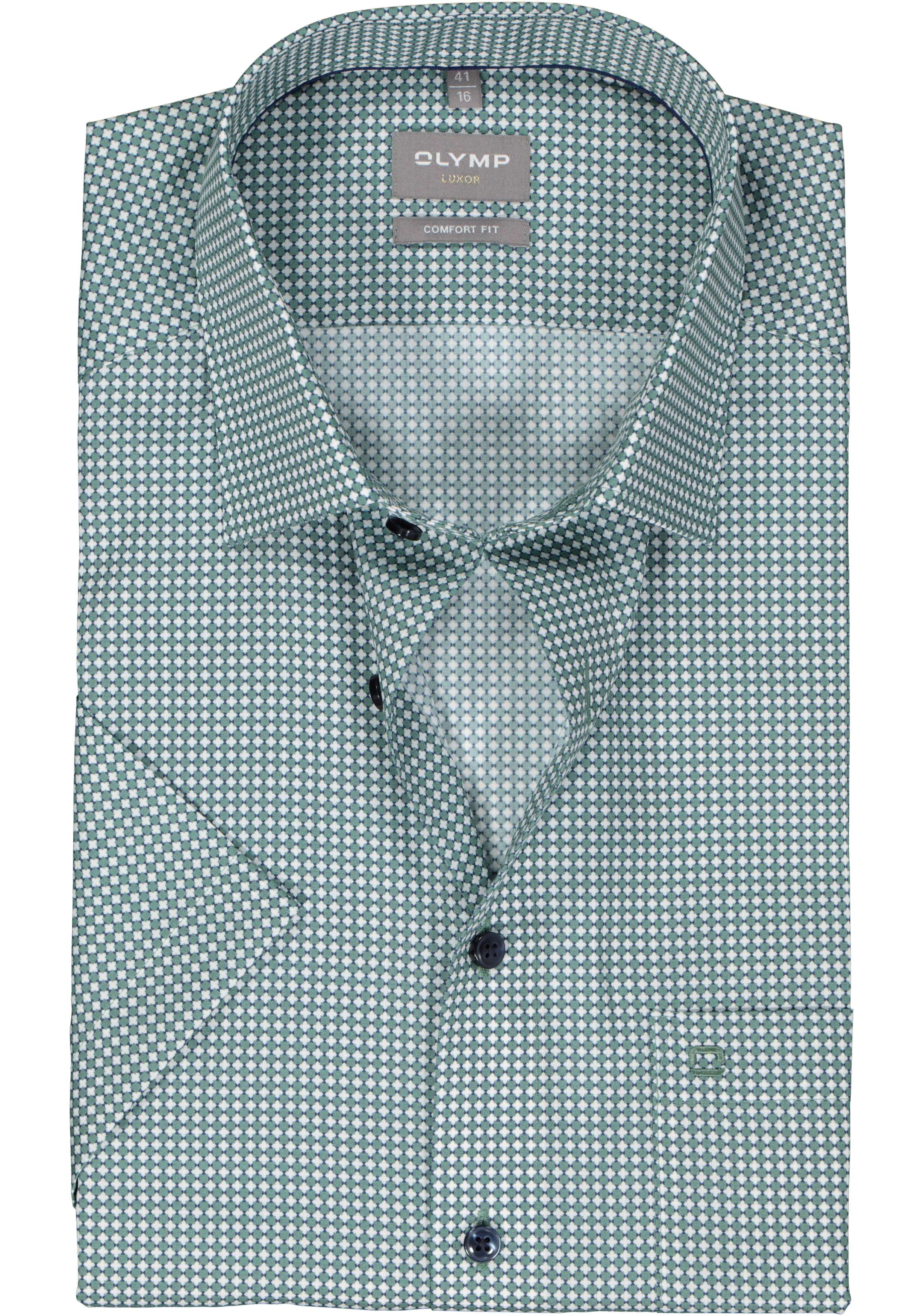 OLYMP comfort fit overhemd, korte mouw, popeline, wit met blauw en groen dessin