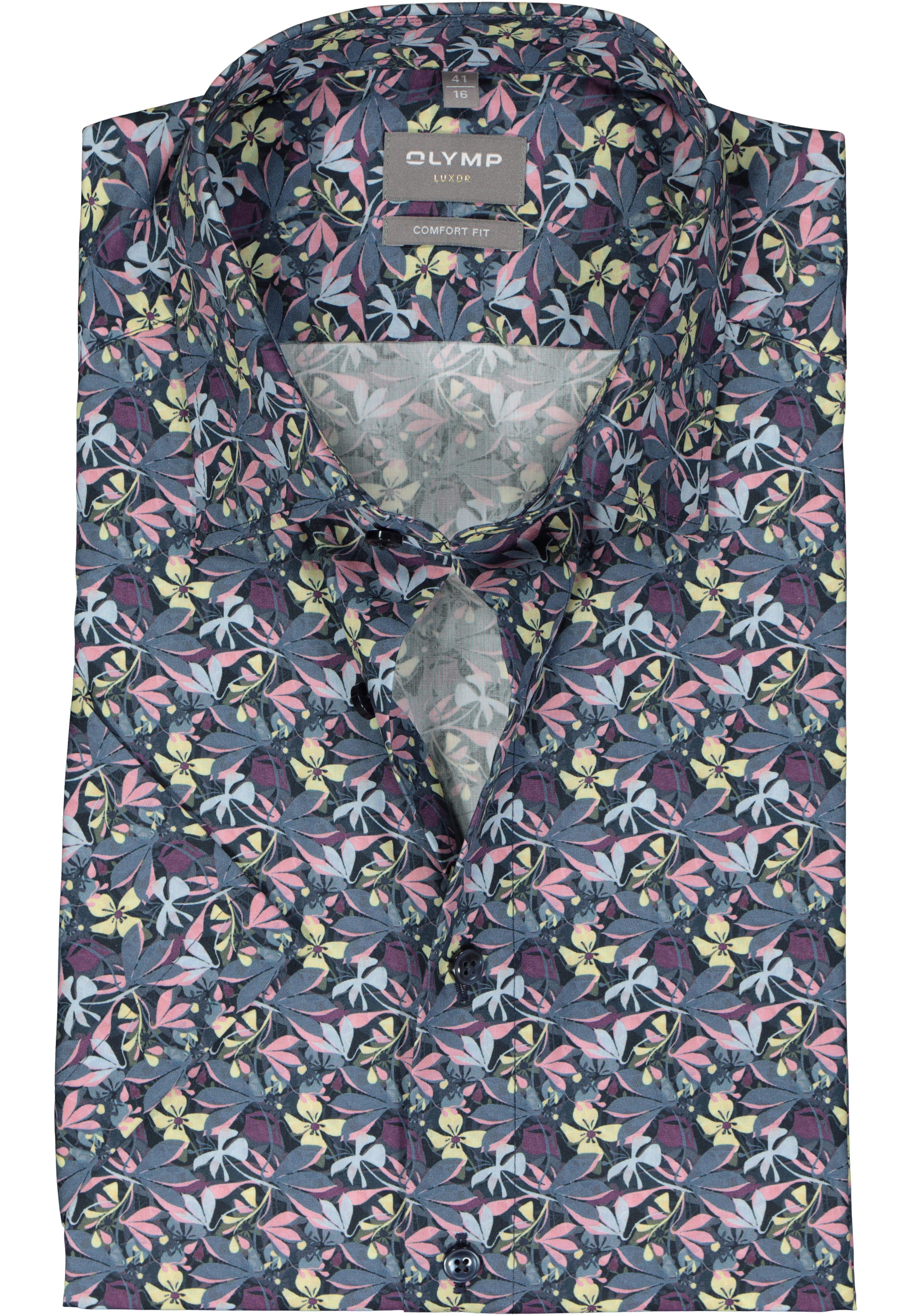OLYMP comfort fit overhemd, korte mouw, popeline, grijs met geel en roze dessin