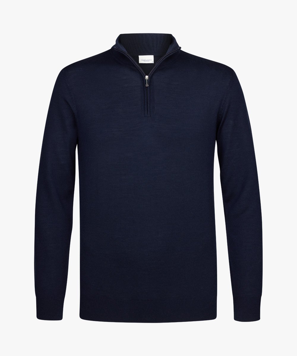 Profuomo heren trui wol, slim fit trui met korte rits, navy blauw