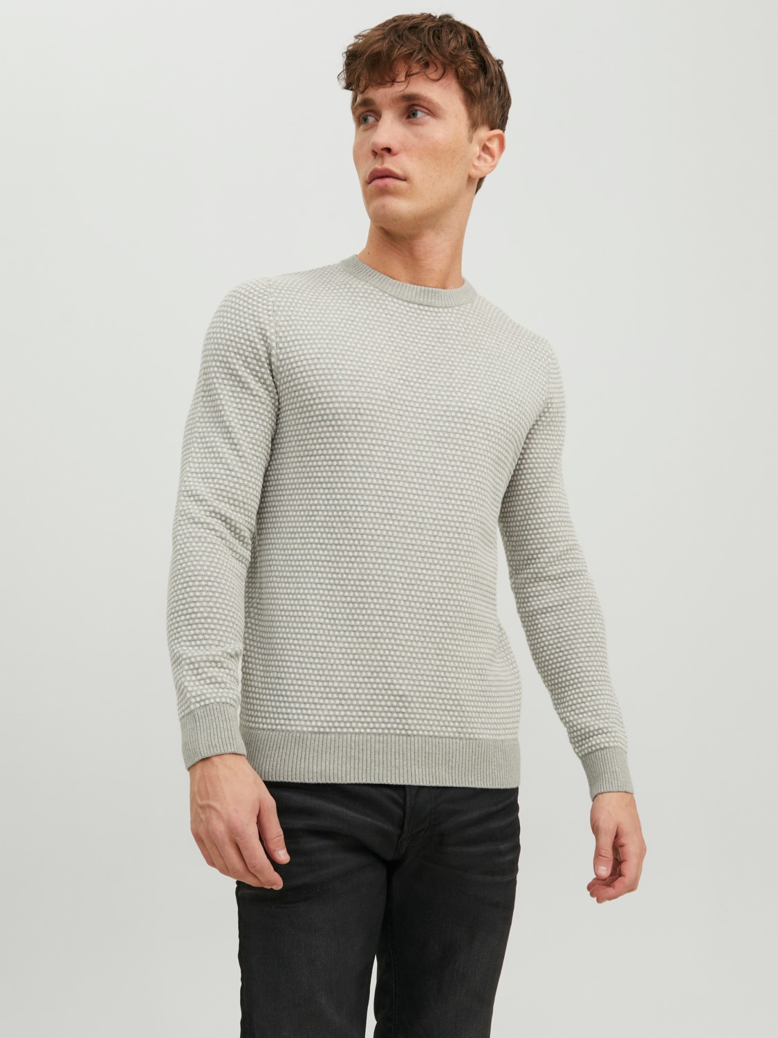 JACK & JONES Atlas knit crew neck slim fit, heren pullover katoen met O-hals, lichtgrijs melange