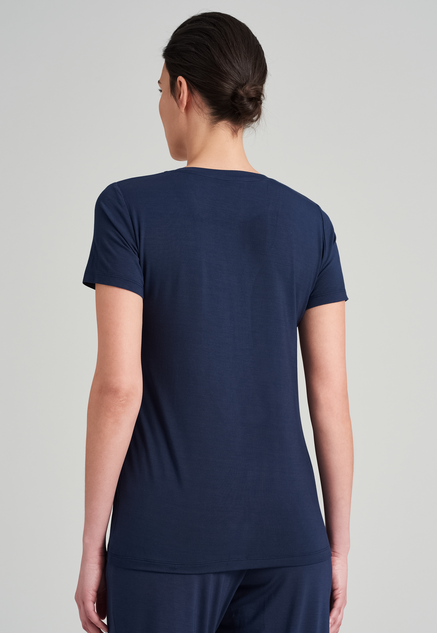 SCHIESSER Mix+Relax T-shirt, dames shirt korte mouw henley knoopsluiting blauw