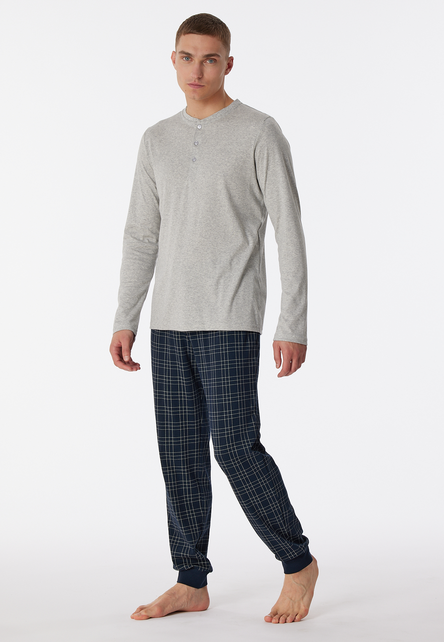 SCHIESSER Fine Interlock pyjamaset, heren pyjama lang interlock manchetten knoopsluiting geruit grijs-melange