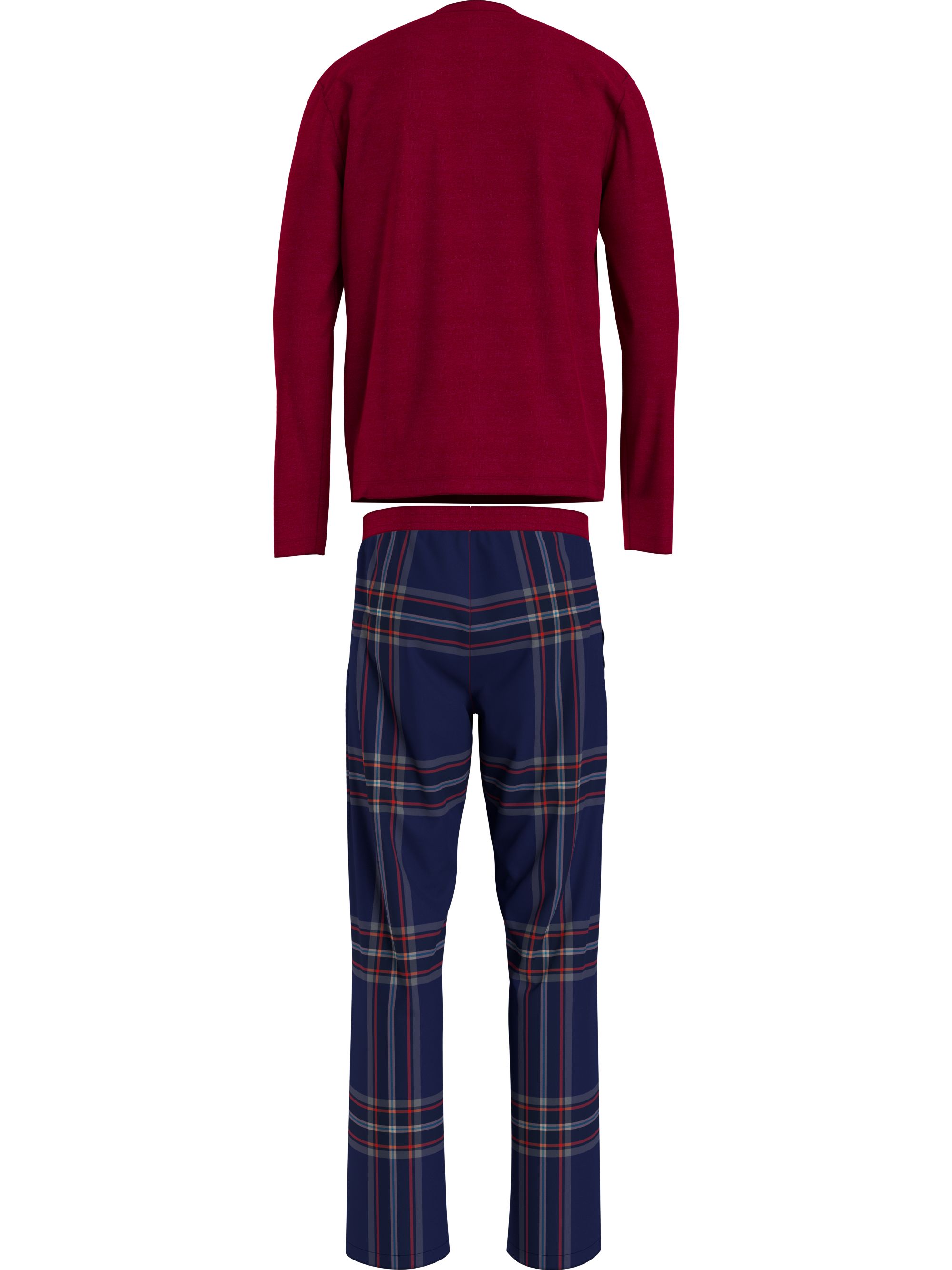 Tommy Hilfiger heren pyjama O-hals, donkerrood met blauw geruite broek