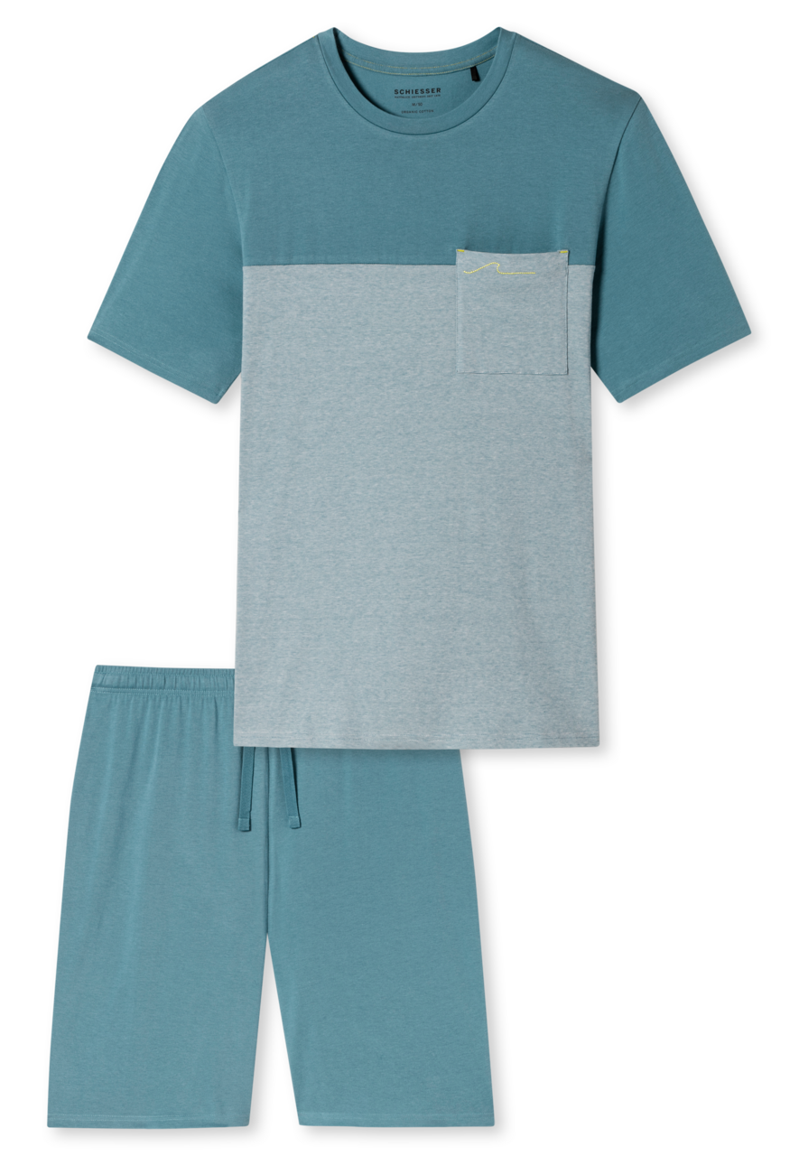 SCHIESSER 95/5 Nightwear shortamaset, heren shortama organic cotton strepen borstzak blauw-grijs