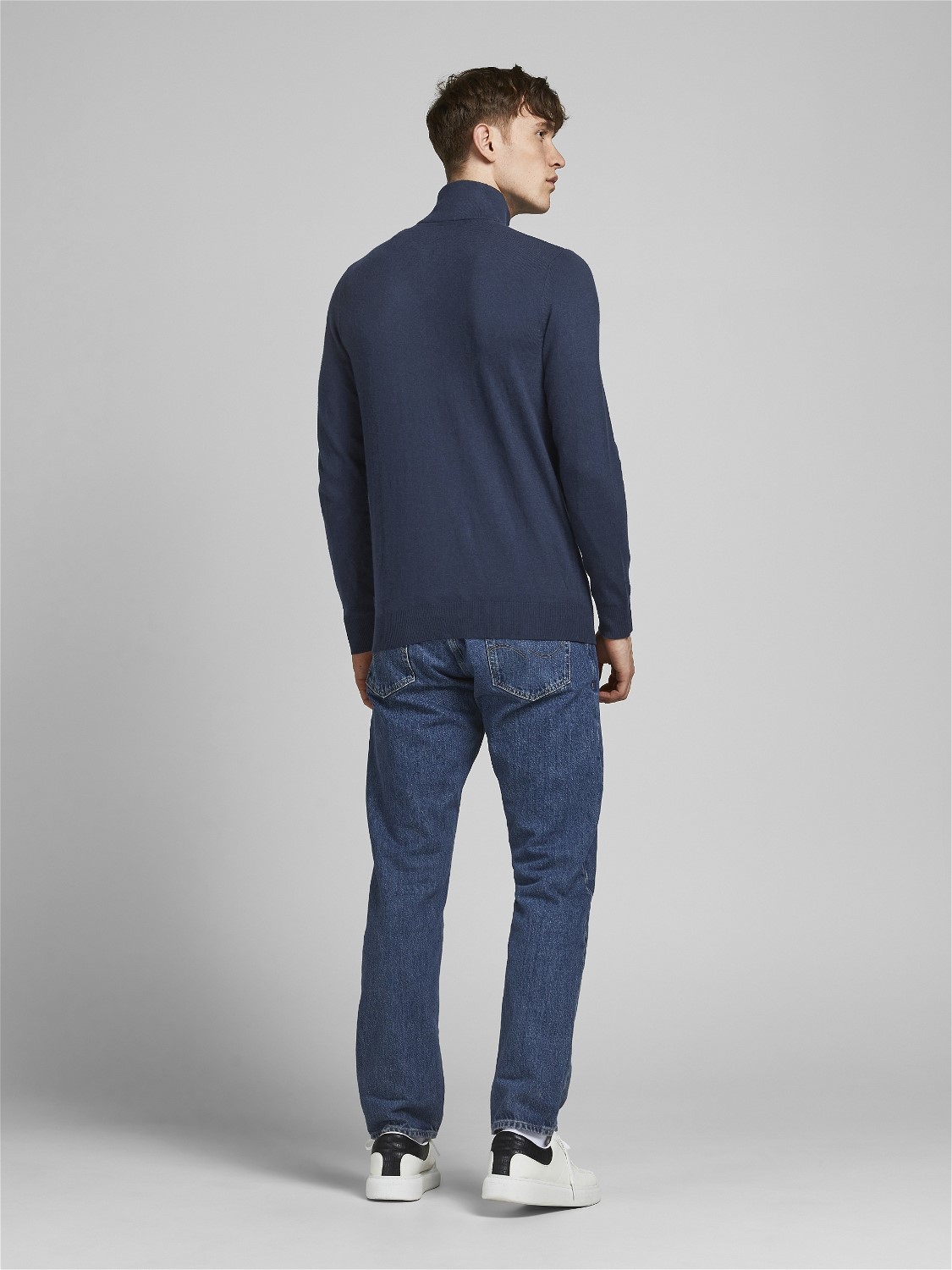 JACK & JONES Emil knit half zip slim fit, heren schipperstrui viscosemengsel met opstaande boord, blauw