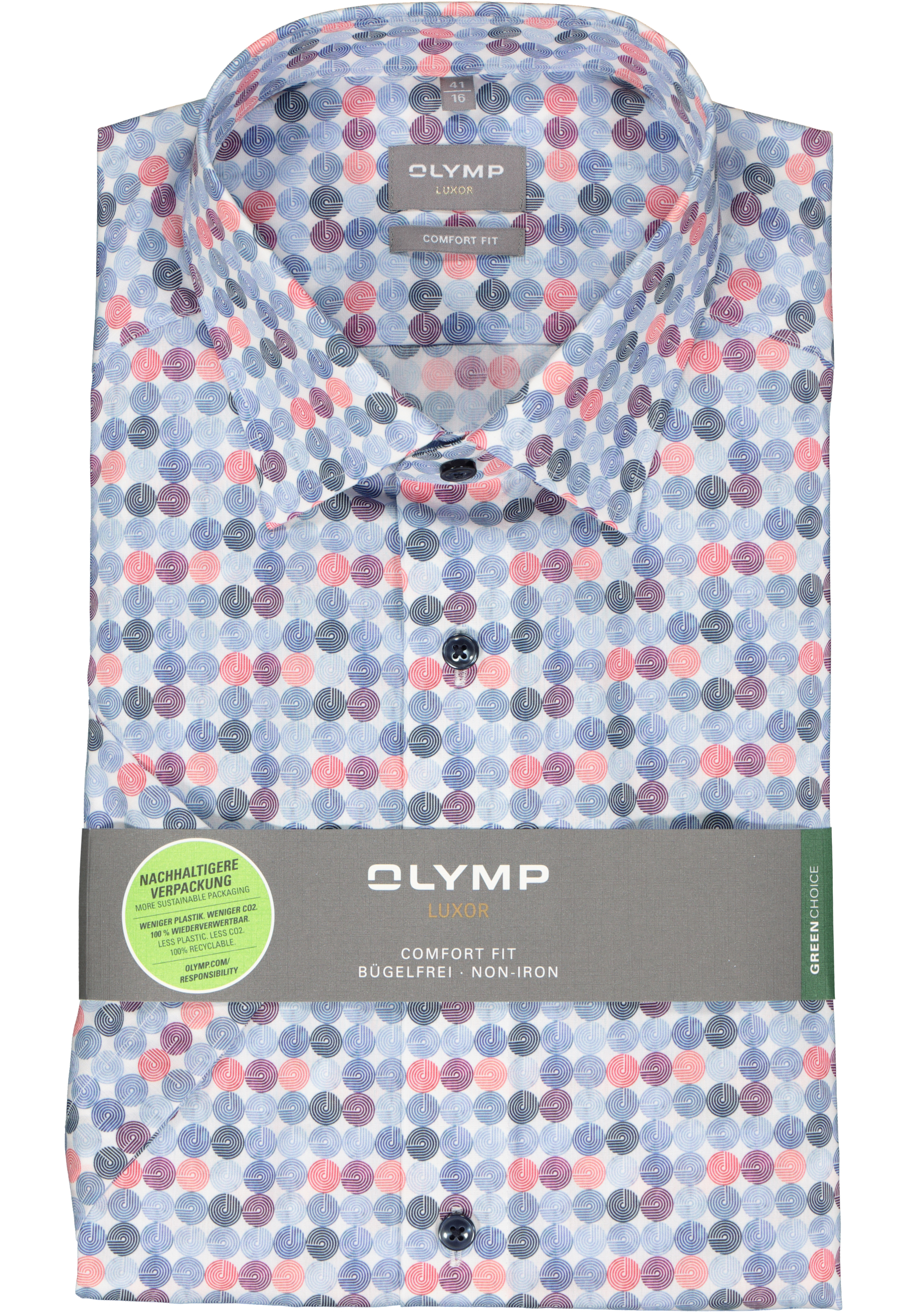 OLYMP comfort fit overhemd, korte mouw, popeline, wit met blauw en rood dessin