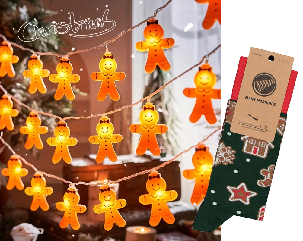 Gemberkoek cadeauset, lichtslinger met Many Mornings gingerbreadman sokken