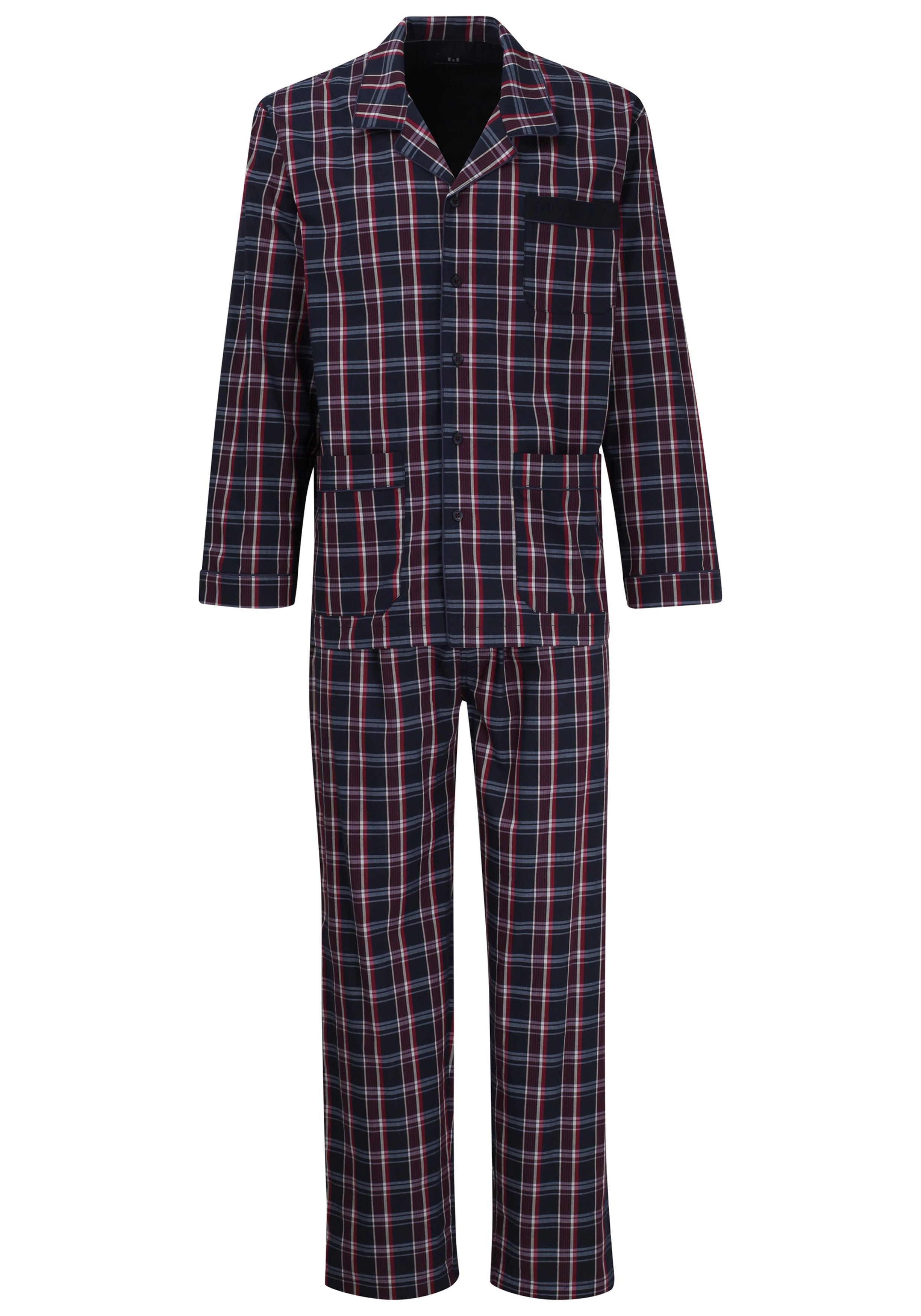 Gotzburg heren pyjama met knopen, geweven heren pyjama niet elastisch, blauw met rood en wit geruit