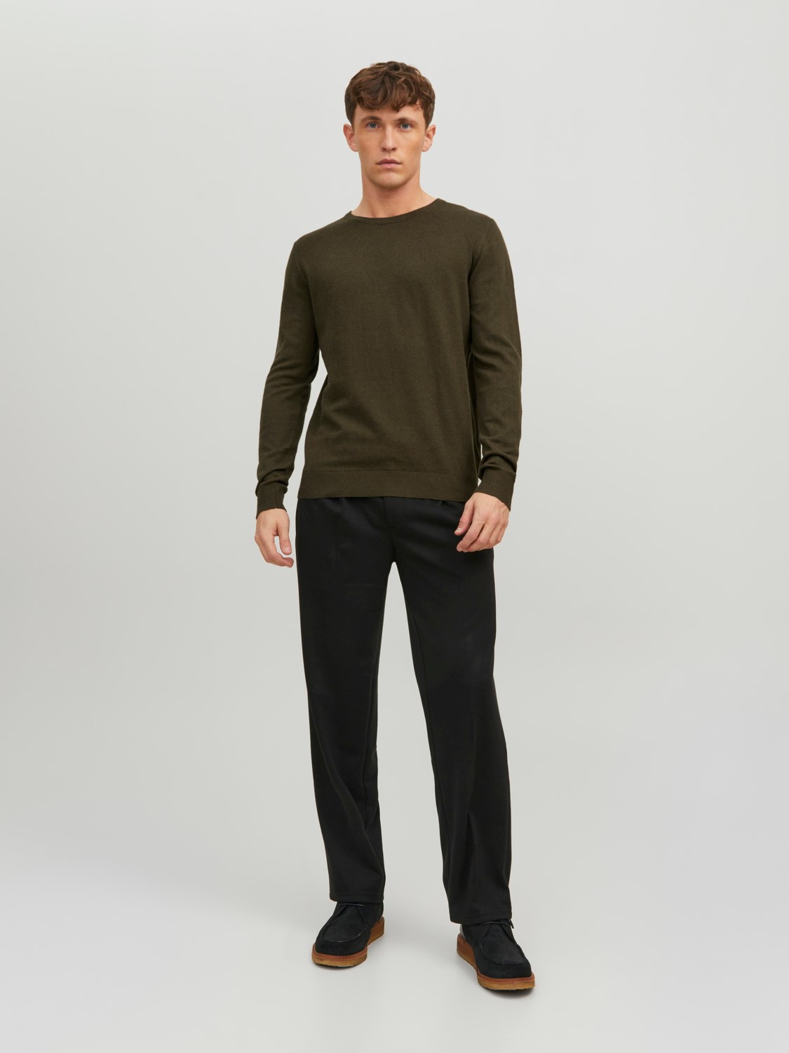 JACK & JONES Emil knit crew neck slim fit, heren pullover viscosemengsel met O-hals, groen melange