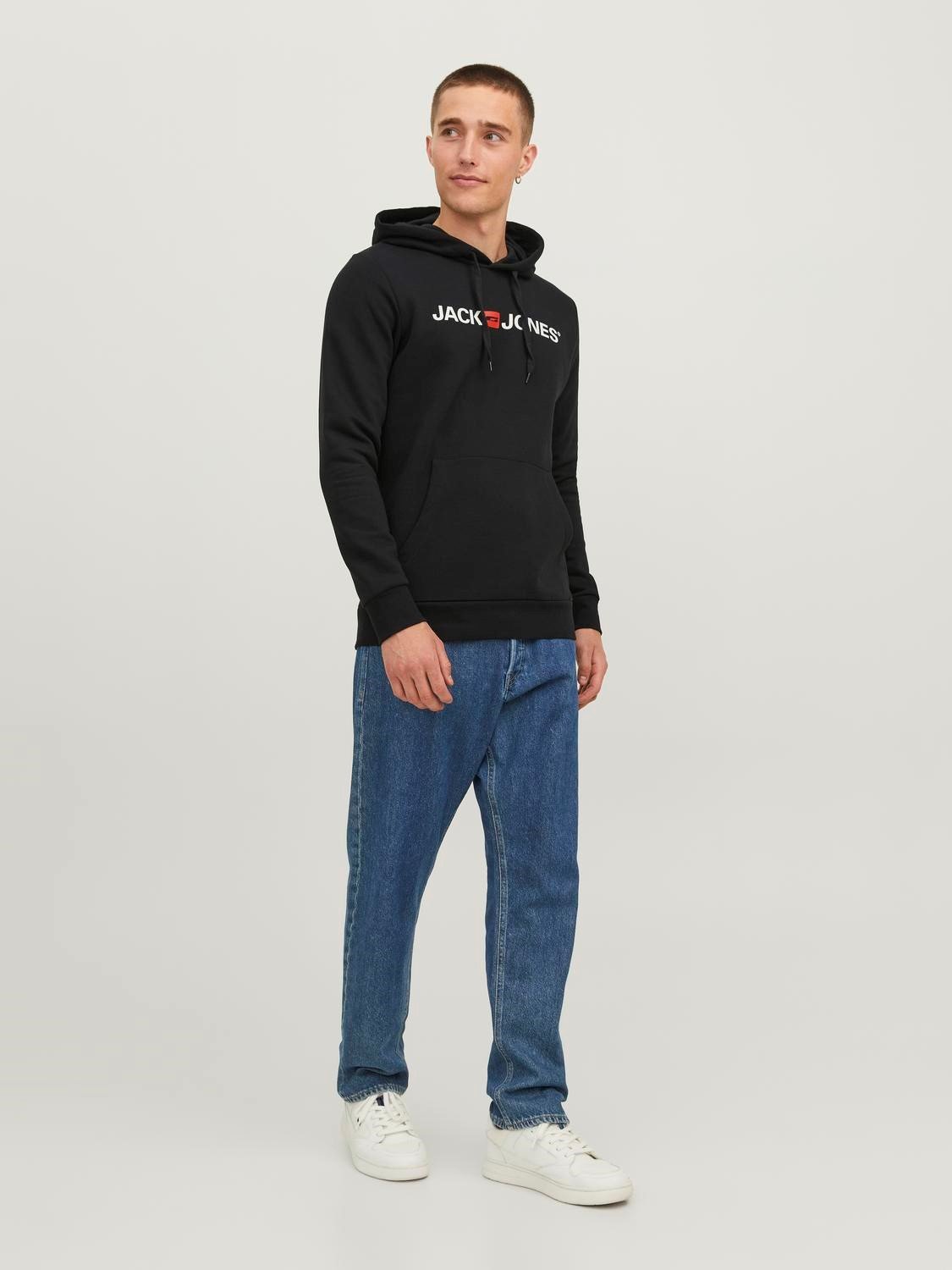 JACK & JONES Corp old logo sweat hood slim fit, heren hoodie katoenmengsel met capuchon, zwart