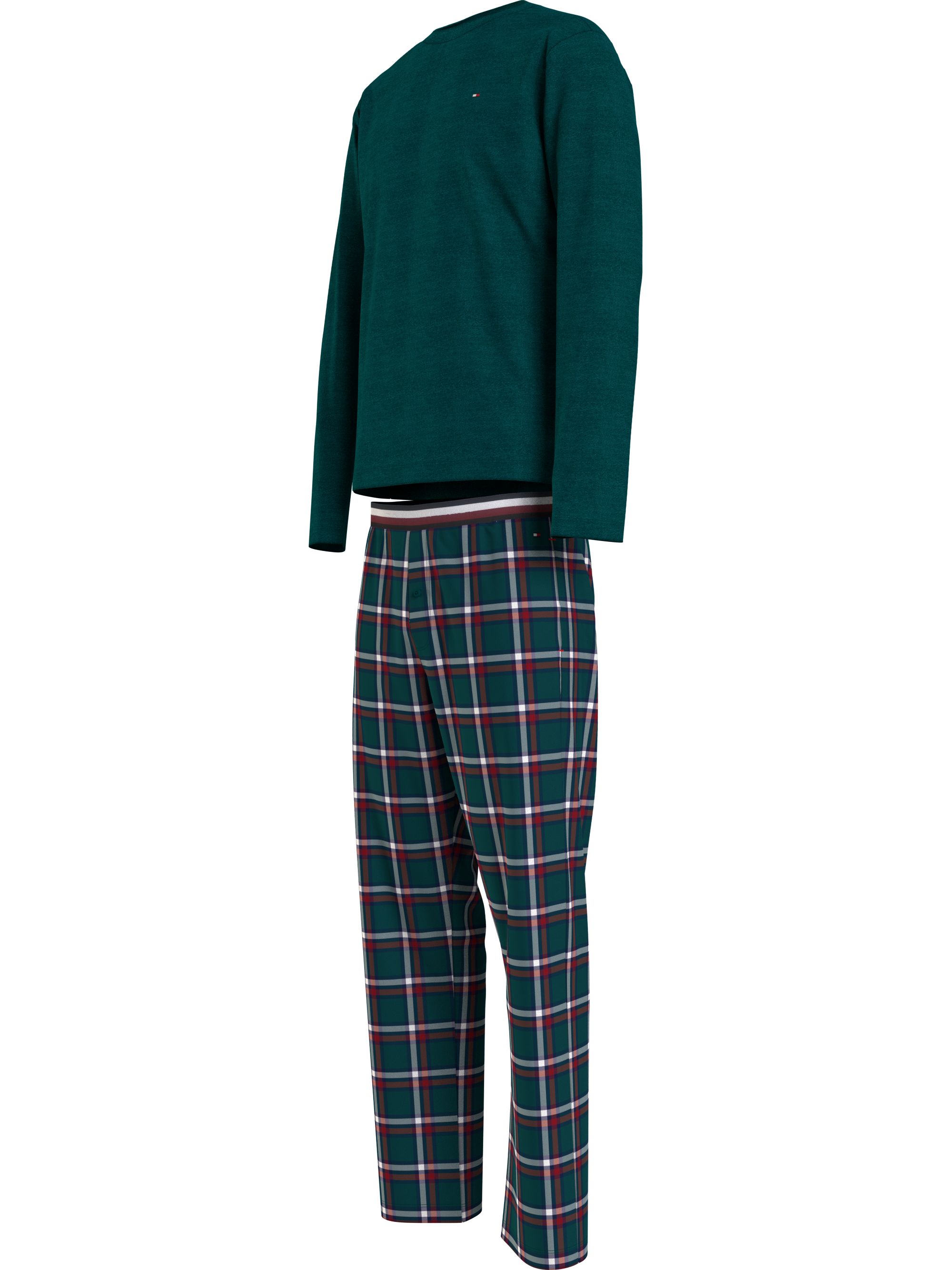 Tommy Hilfiger heren pyjama O-hals, Pj Set, groen met geruite broek