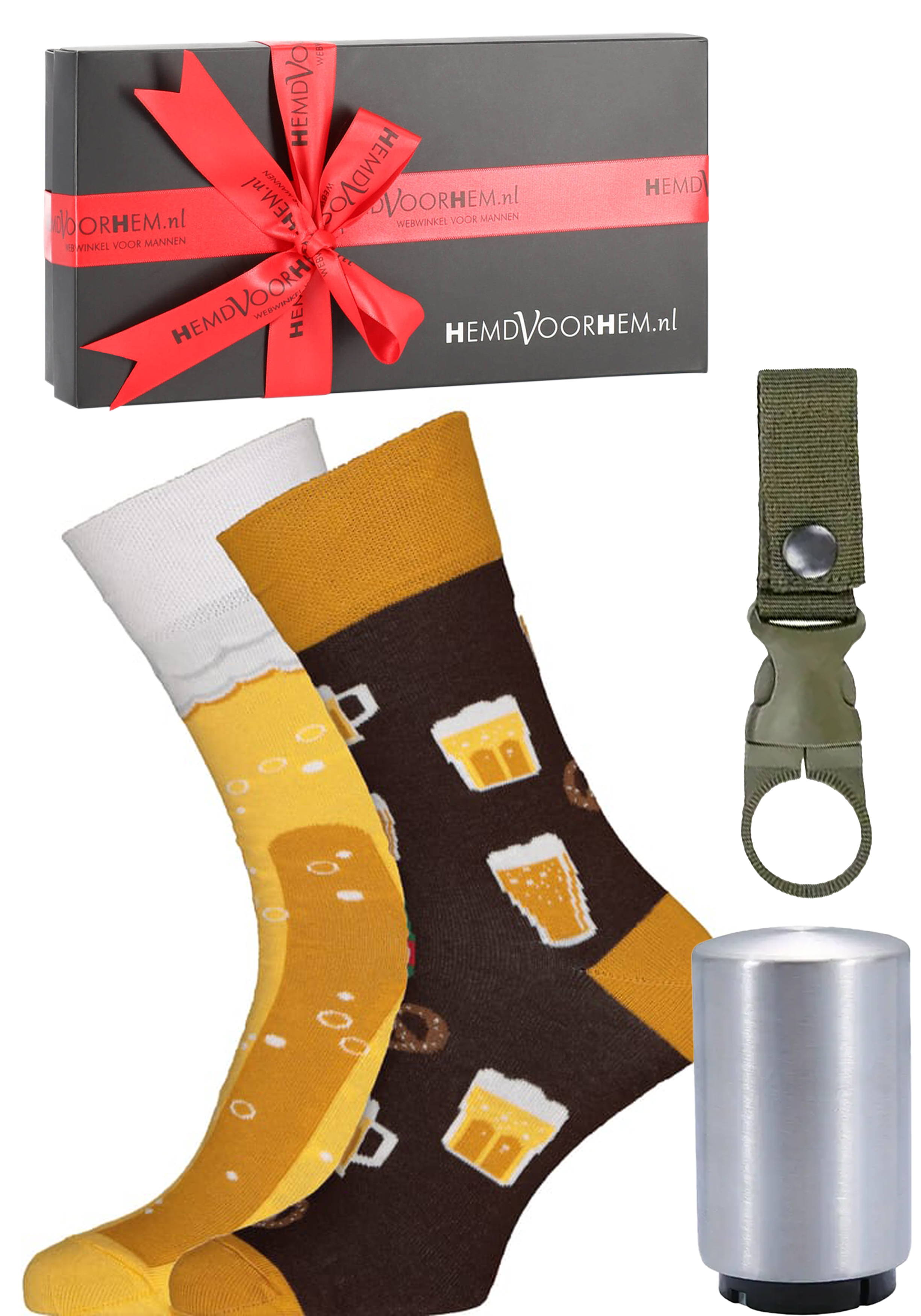 Bier cadeauset, automatische bierflesopener, Many Mornings bier sokken en waterflesclip