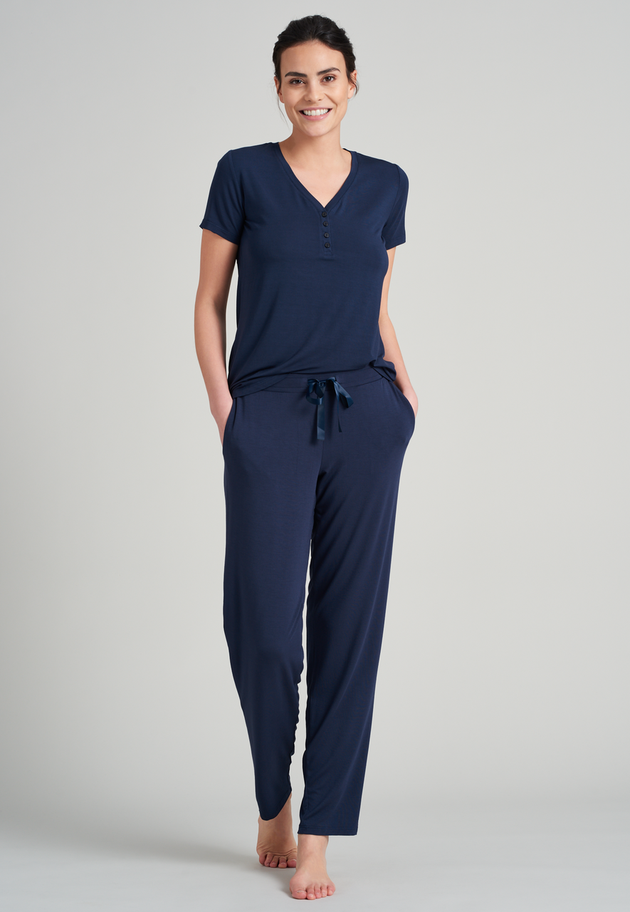 SCHIESSER Mix + Relax loungebroek lang, dames broek lang / extra lang modal blauw