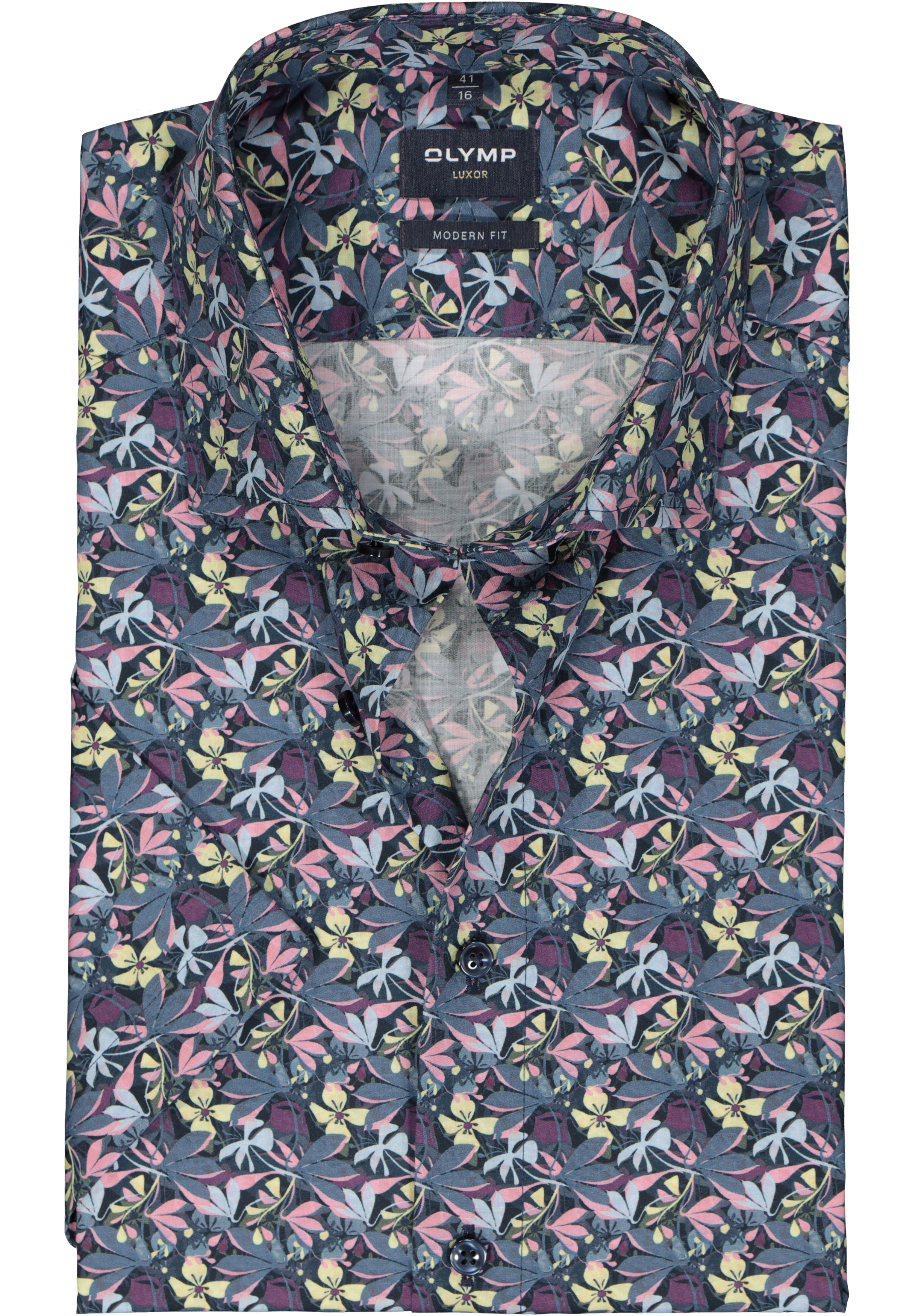 OLYMP modern fit overhemd, korte mouw, popeline, grijs met geel en roze dessin