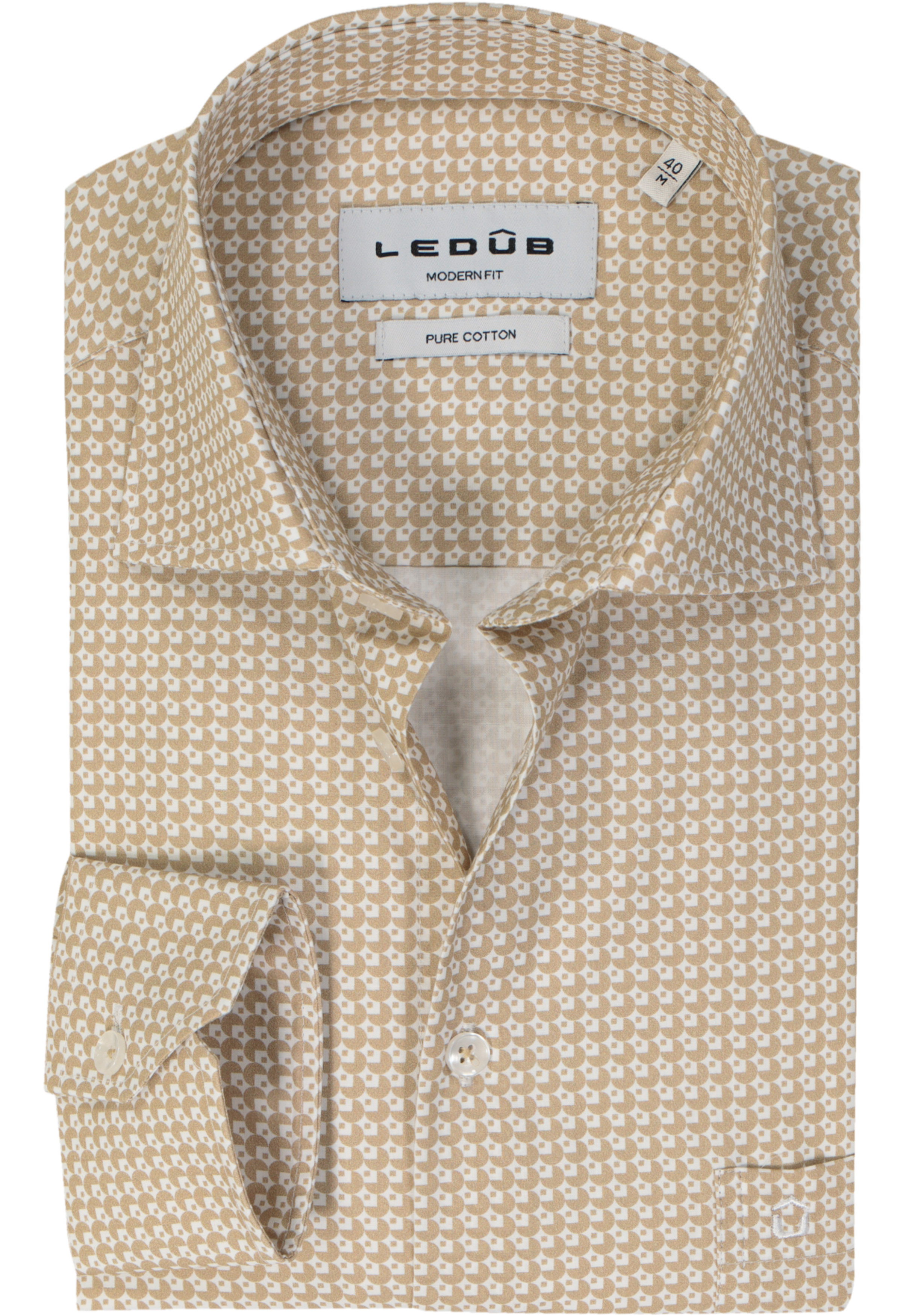 Ledub modern fit overhemd, popeline, beige met wit dessin