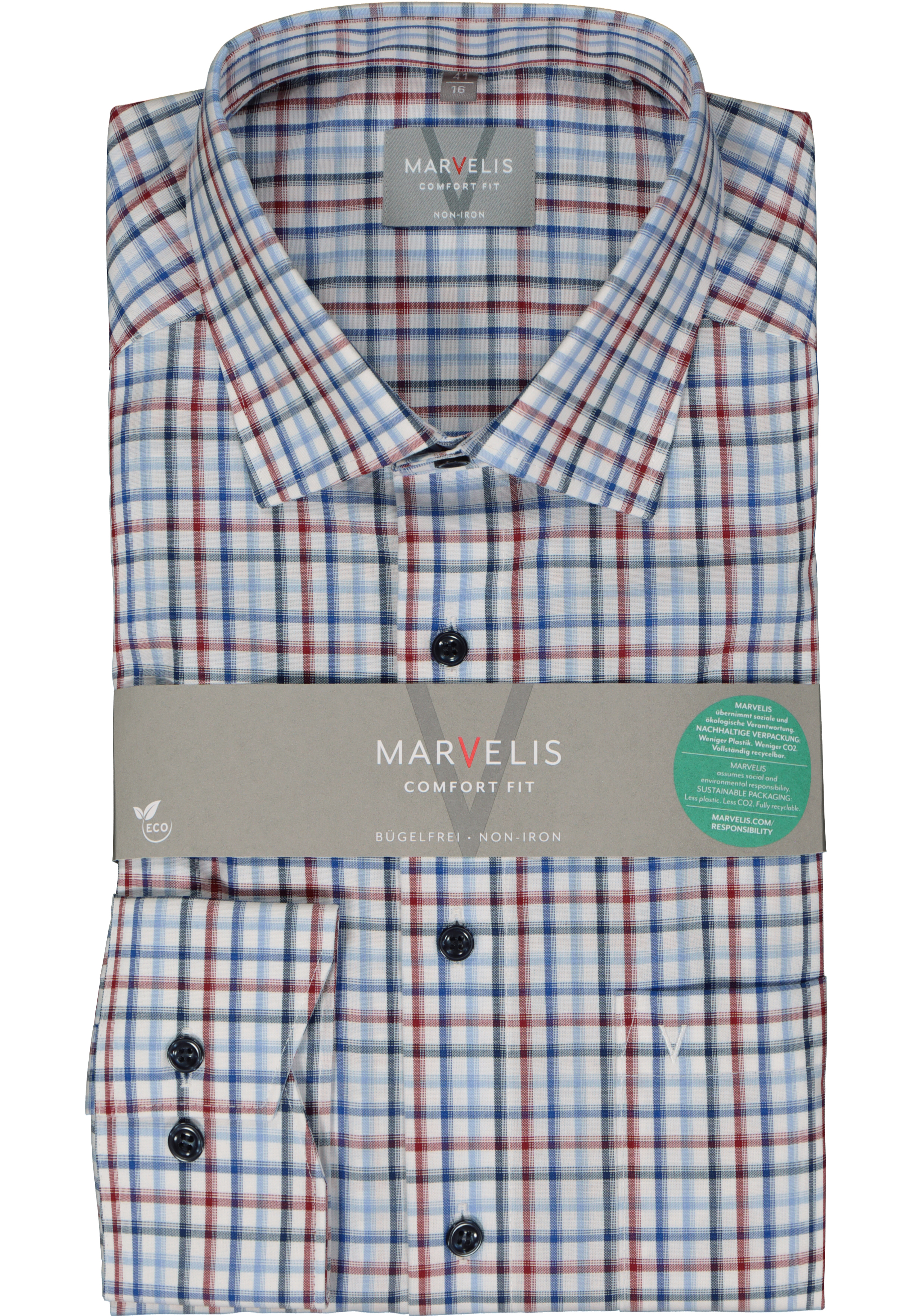 MARVELIS comfort fit overhemd, popeline, rood geruit