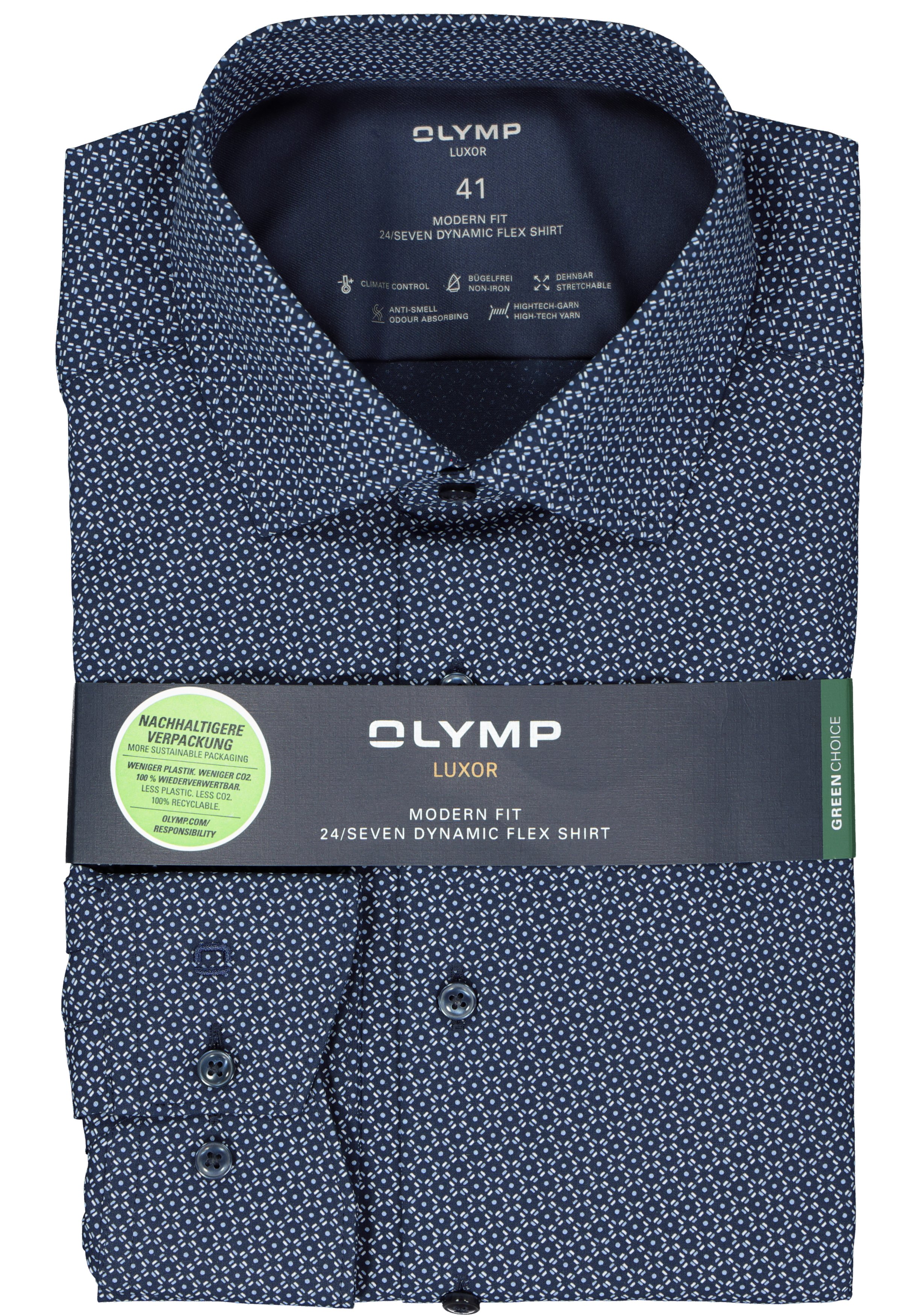 OLYMP 24/7 modern fit overhemd, popeline, blauw met wit dessin