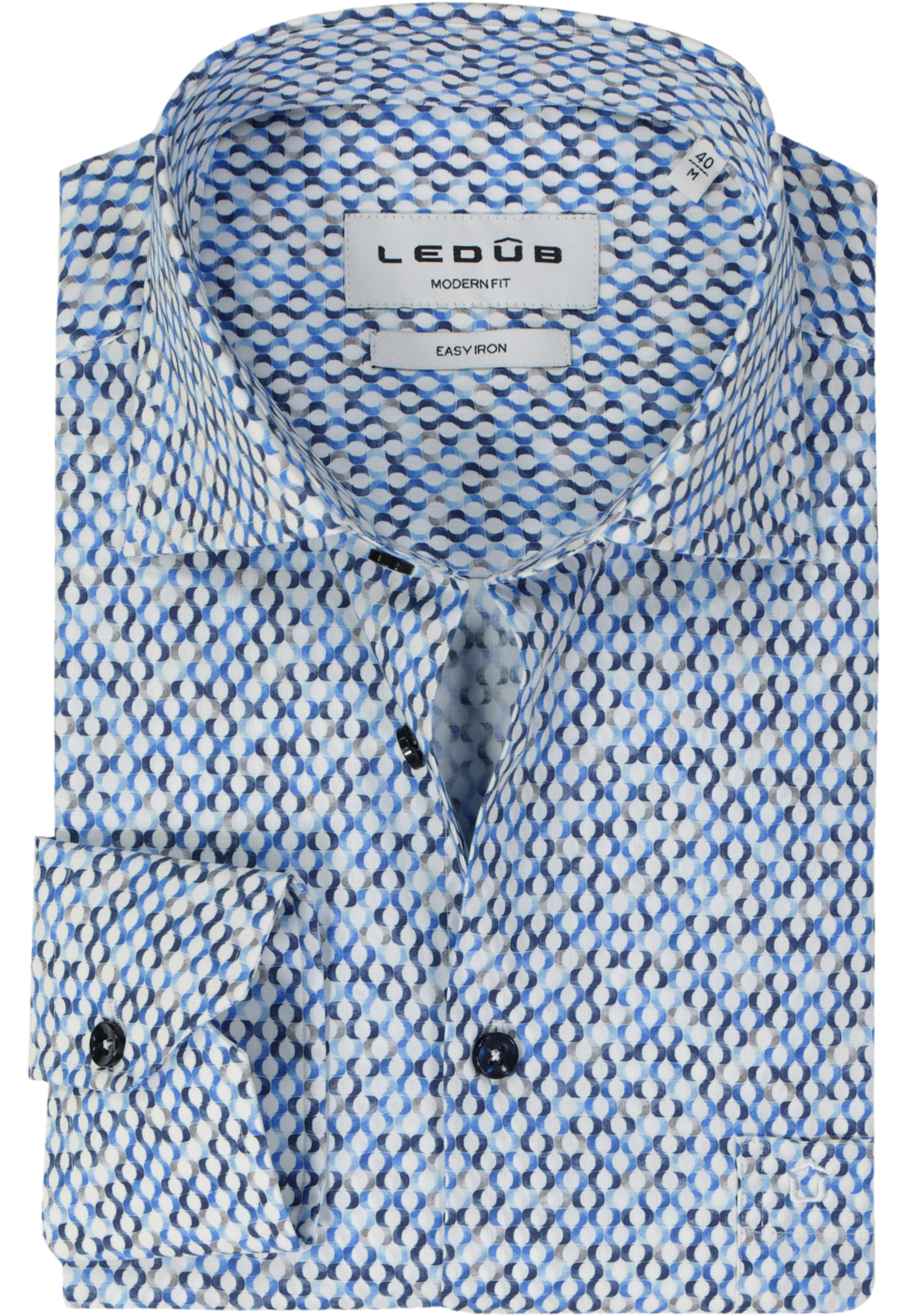 Ledub modern fit overhemd, popeline, blauw met wit en beige dessin