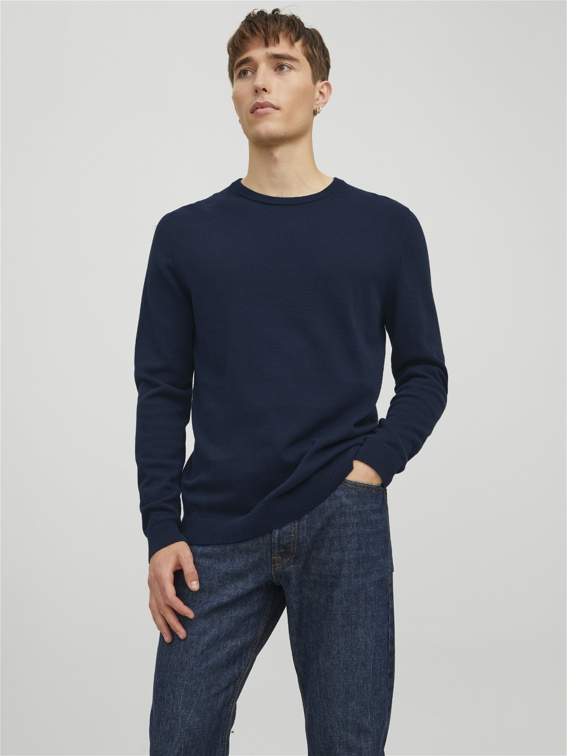 JACK & JONES Basic knit crew neck slim fit, heren pullover katoen met O-hals, blauw