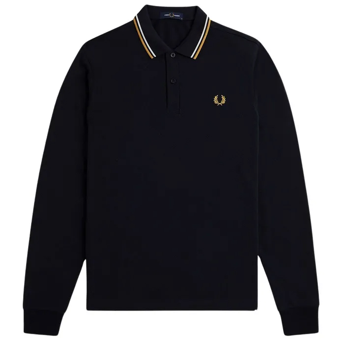 Fred Perry M3636 long sleeved twin tipped shirt, heren polo lange mouwen, Navy / Ecru / Honeycomb