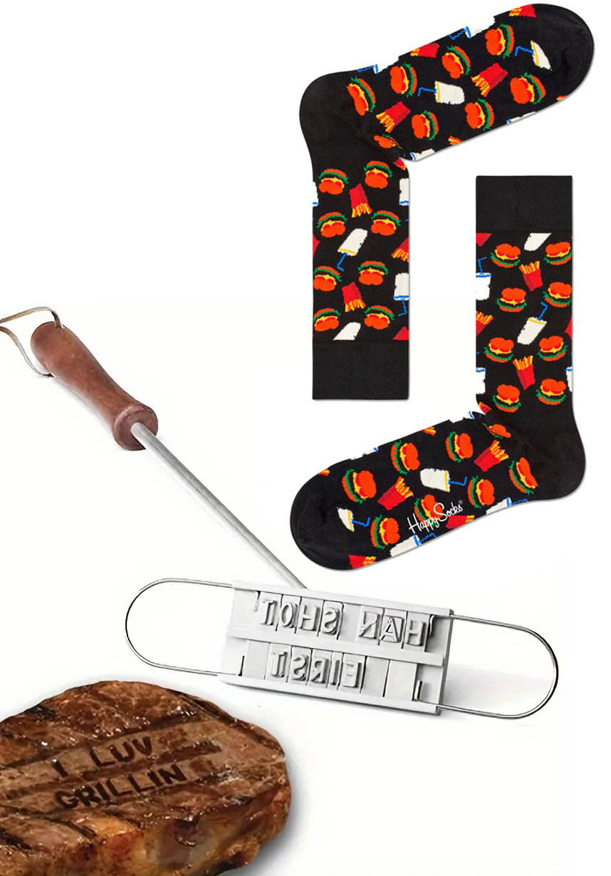 Barbeque cadeauset, vleesmerkijzer en Happy Socks Hamburger