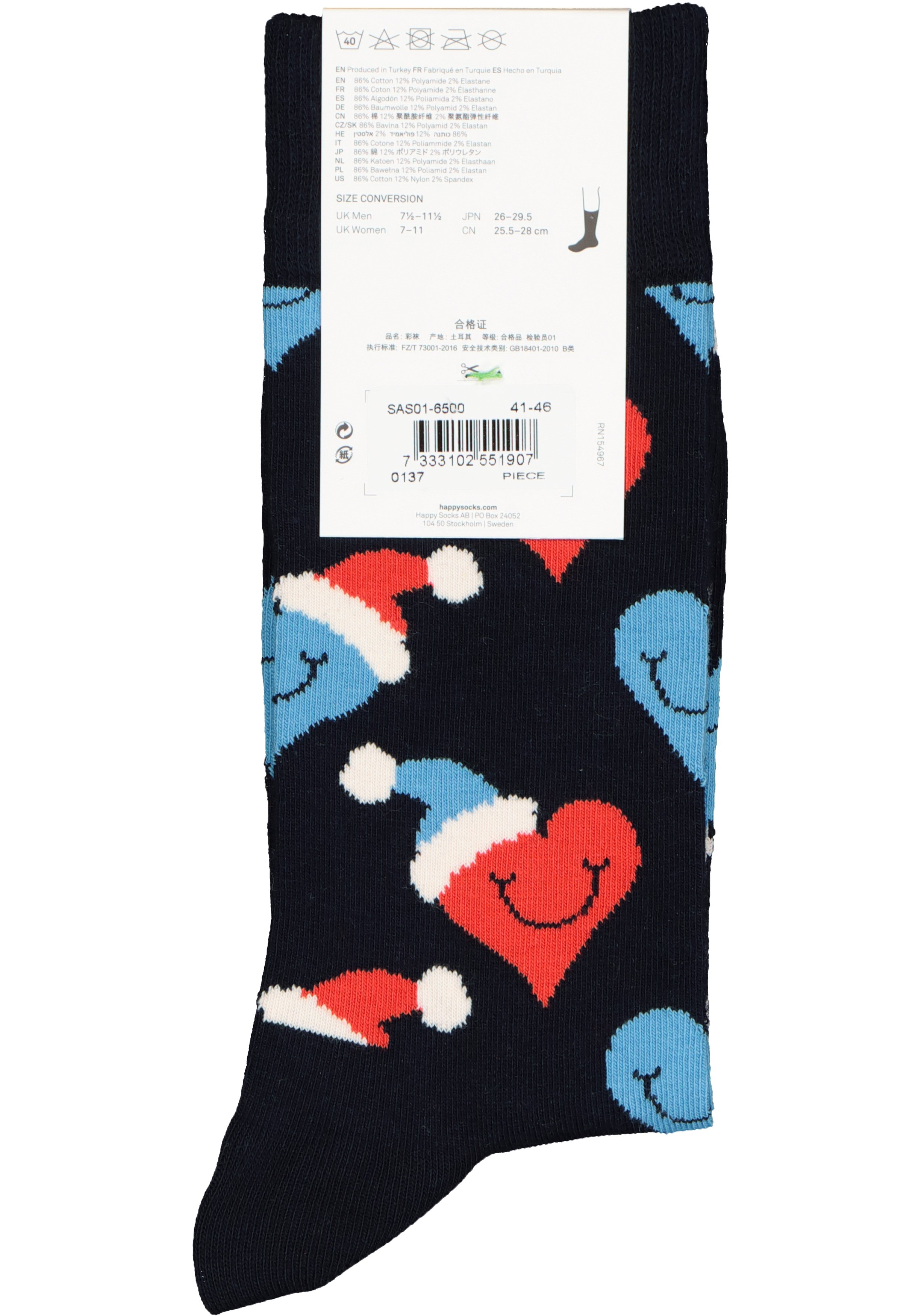 Happy Socks Santa Love Smiley Sock, blauw met harten