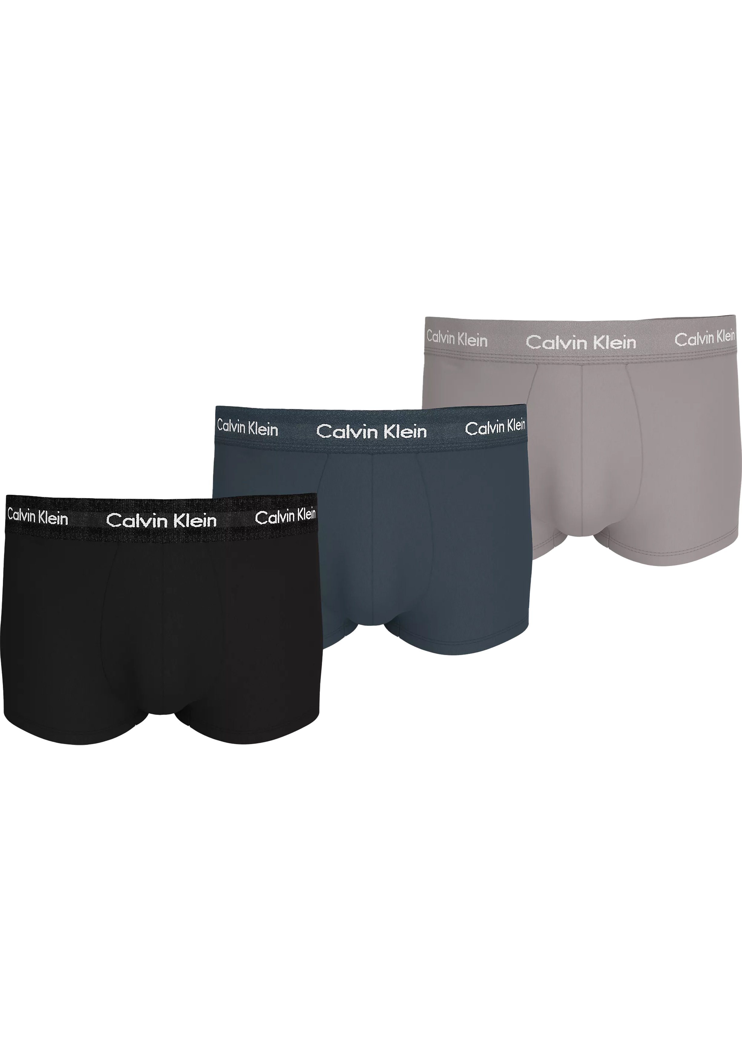 Calvin Klein Low Rise Trunks (3-pack), lage heren boxers kort, zwart, grijs dessin, blauw