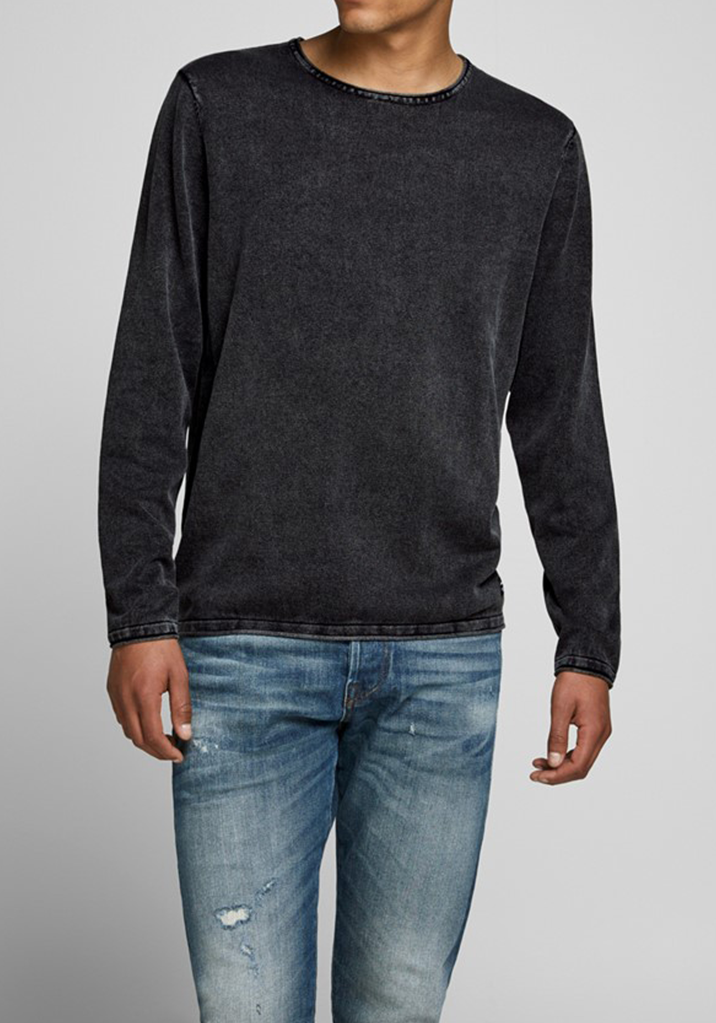 JACK & JONES slim fit trui katoen, O-hals, verwassen zwart