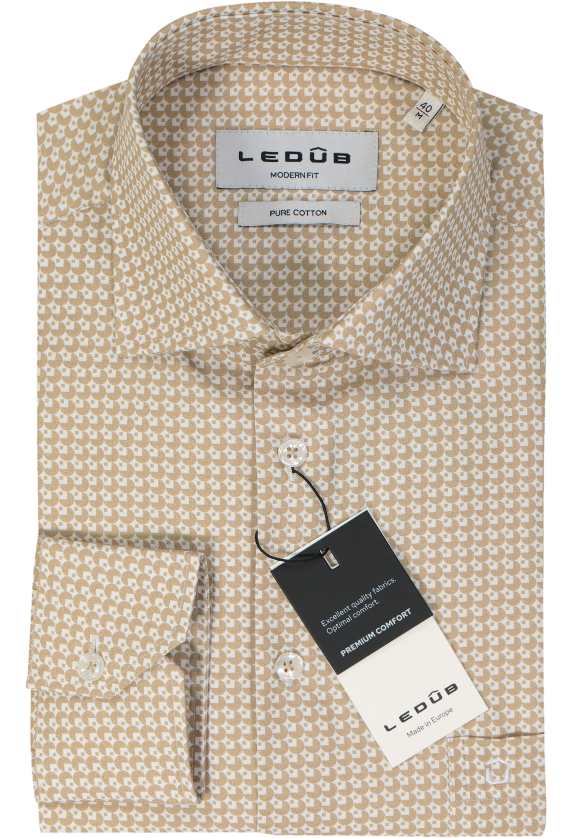 Ledub modern fit overhemd, popeline, beige met wit dessin